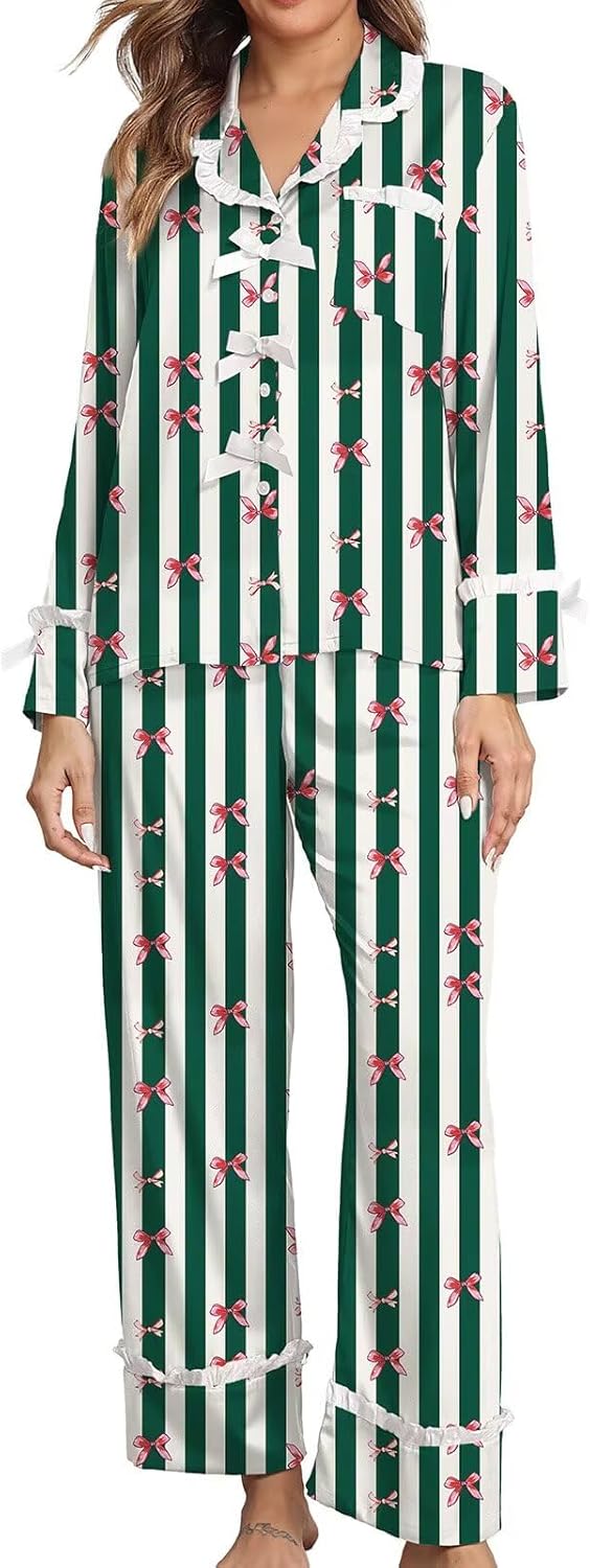Brosloth Womens Silk Pajamas Bow Long Sleeve Satin Pajama Set Silky Button Down Fall Pjs Loungewear Sets