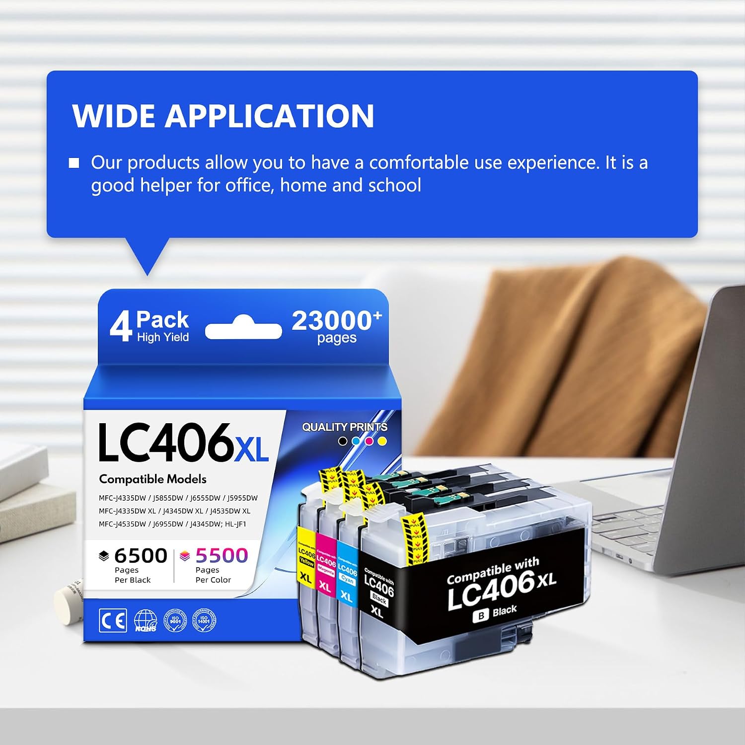 LC406XL High Yield Ink Cartridges 4-Pack Replacement for Brother LC406 LC406XL LC406 XL Work for MFC-J4335DW MFC-J5855DW MFC-J6955DW MFC-J4345DW HL-JF1 Printer (Black,Cyan,Magenta,Yellow)