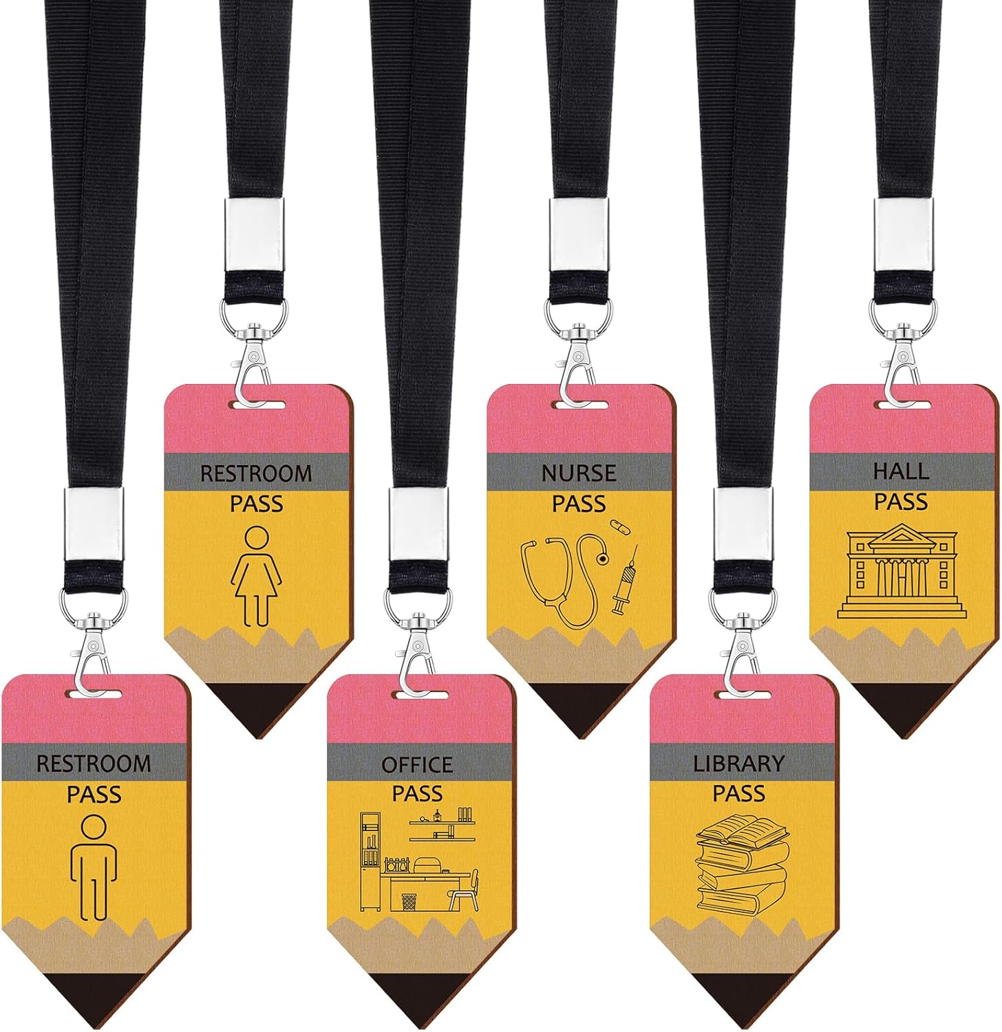 Sabary 6 Sets Hall Pass Lanyards and School Passes Set Unbreakable Wooden Bathroom Passes for Classrooms Hall, Restroom, Library, Office and Nurse School Teacher Supplies Gift (Pencil)