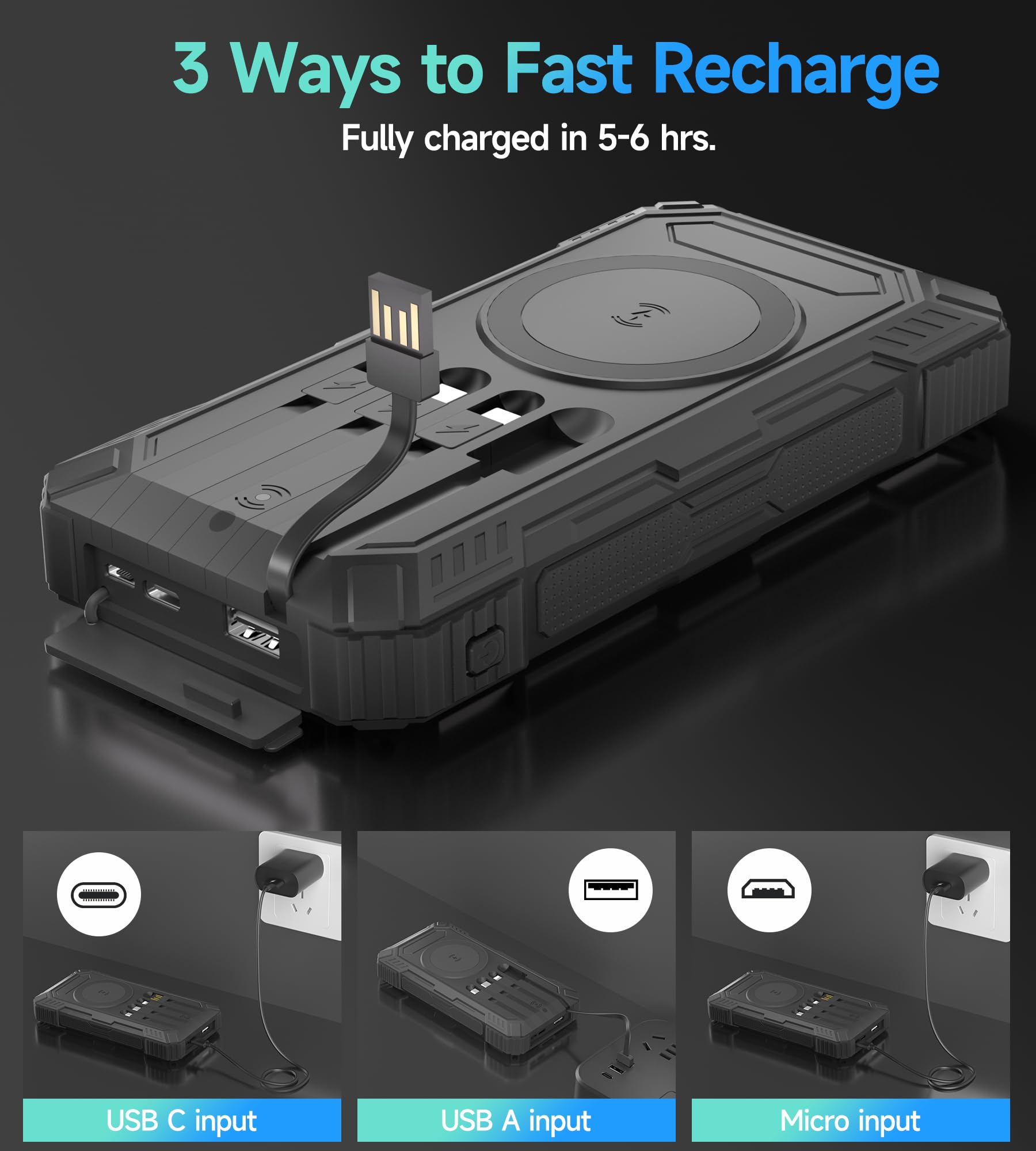 56800mAh Batterie Externe Solaire: 30W PD 3.0A USB C Power Bank Charge Rapide avec 4 Câbles, 6 Sorties/3 Entrées, 15W Chargement sans Fil, Lampe de Poche, Voyant LED, Chargeur Externe pour Téléphone