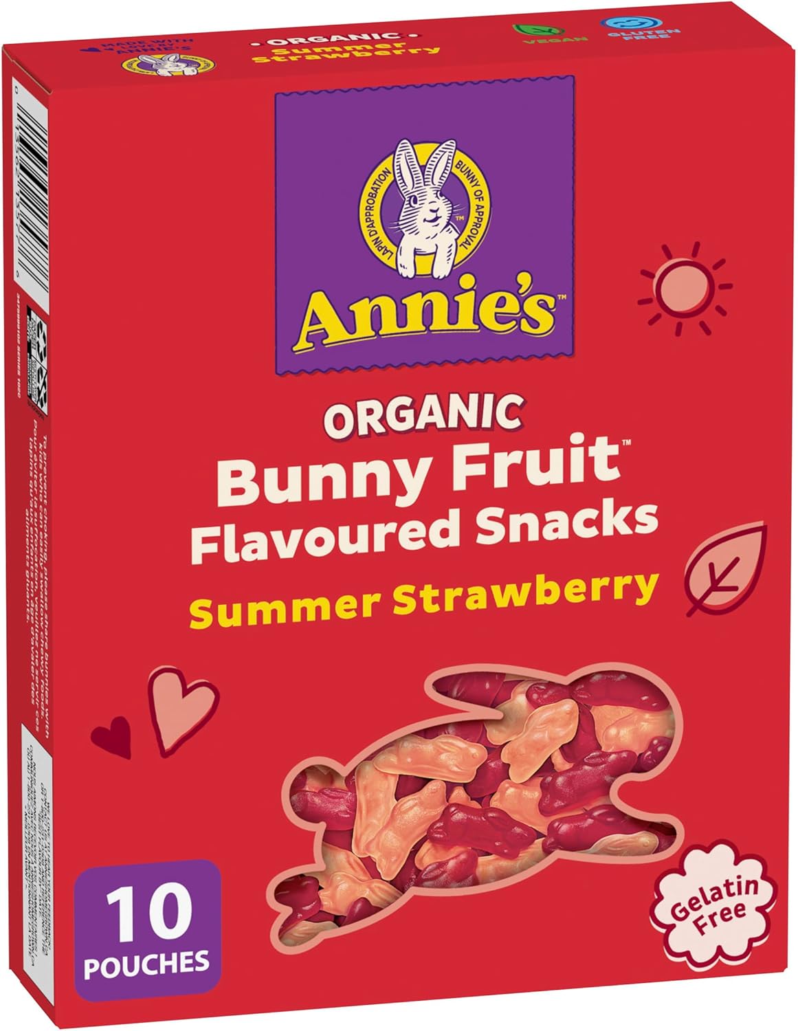 ANNIE'S - FAMILY PACK - Organic Fruit Flavoured Snacks Strawberry, Pack of 10 Pouches, Natural Strawberry Flavours, No Synthetic Colours, Gelatin Free, Gluten Free, Vegan, Snacks