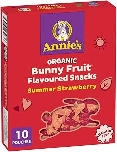 ANNIE'S - FAMILY PACK - Organic Fruit Flavoured Snacks Strawberry, Pack of 10 Pouches, Natural Strawberry Flavours, No Synthetic Colours, Gelatin Free, Gluten Free, Vegan, Snacks