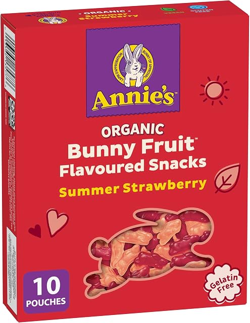 ANNIE'S - FAMILY PACK - Organic Fruit Flavoured Snacks Strawberry, Pack of 10 Pouches, Natural Strawberry Flavours, No Synthetic Colours, Gelatin Free, Gluten Free, Vegan, Snacks