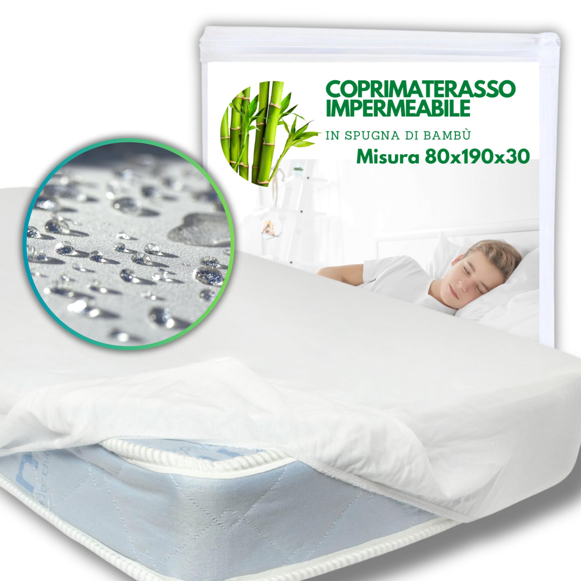 MammaVaiTra Coprimaterasso Singolo Impermeabile in Bambù 80x190x30 cm - 80x200x25 cm