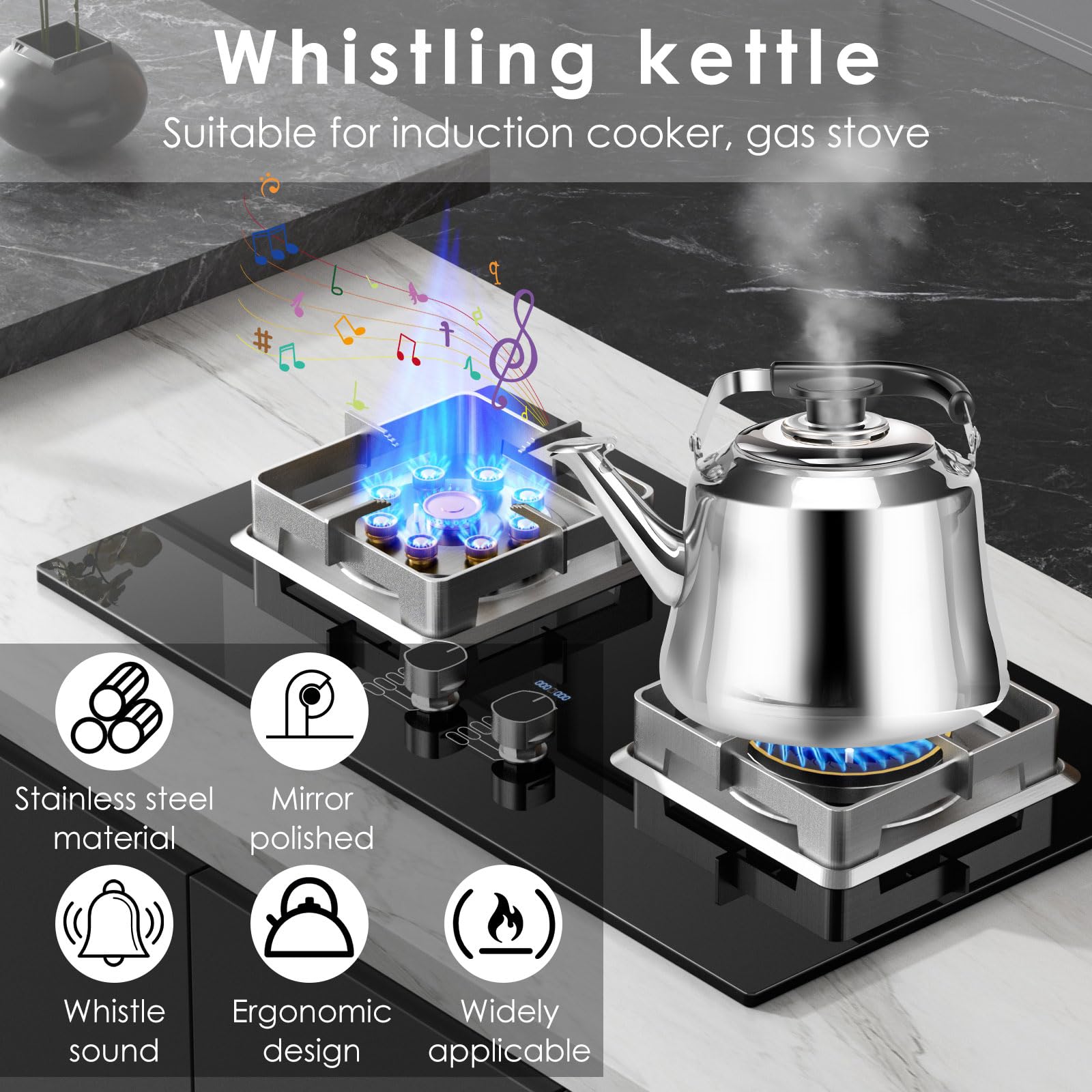 Whistling Stovetop Tea Kettle, Food Grade Stainless Steel Teakettle Teapot, Professional Fast Boiling Loud Heat Water Kettle, Classic Teapot, Hot Water Fast to Boil for Tea, Coffee