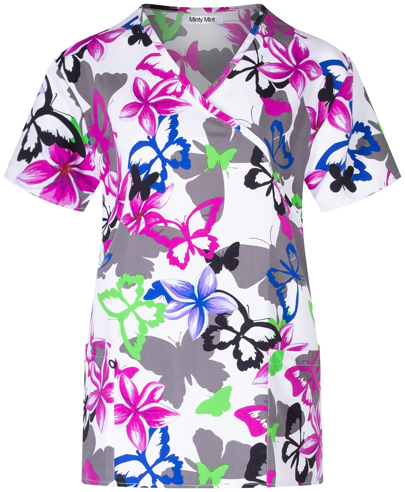 Minty Mint Women's Microfiber Printed Medical Scrub Set V-Neck Top and Pants White XS