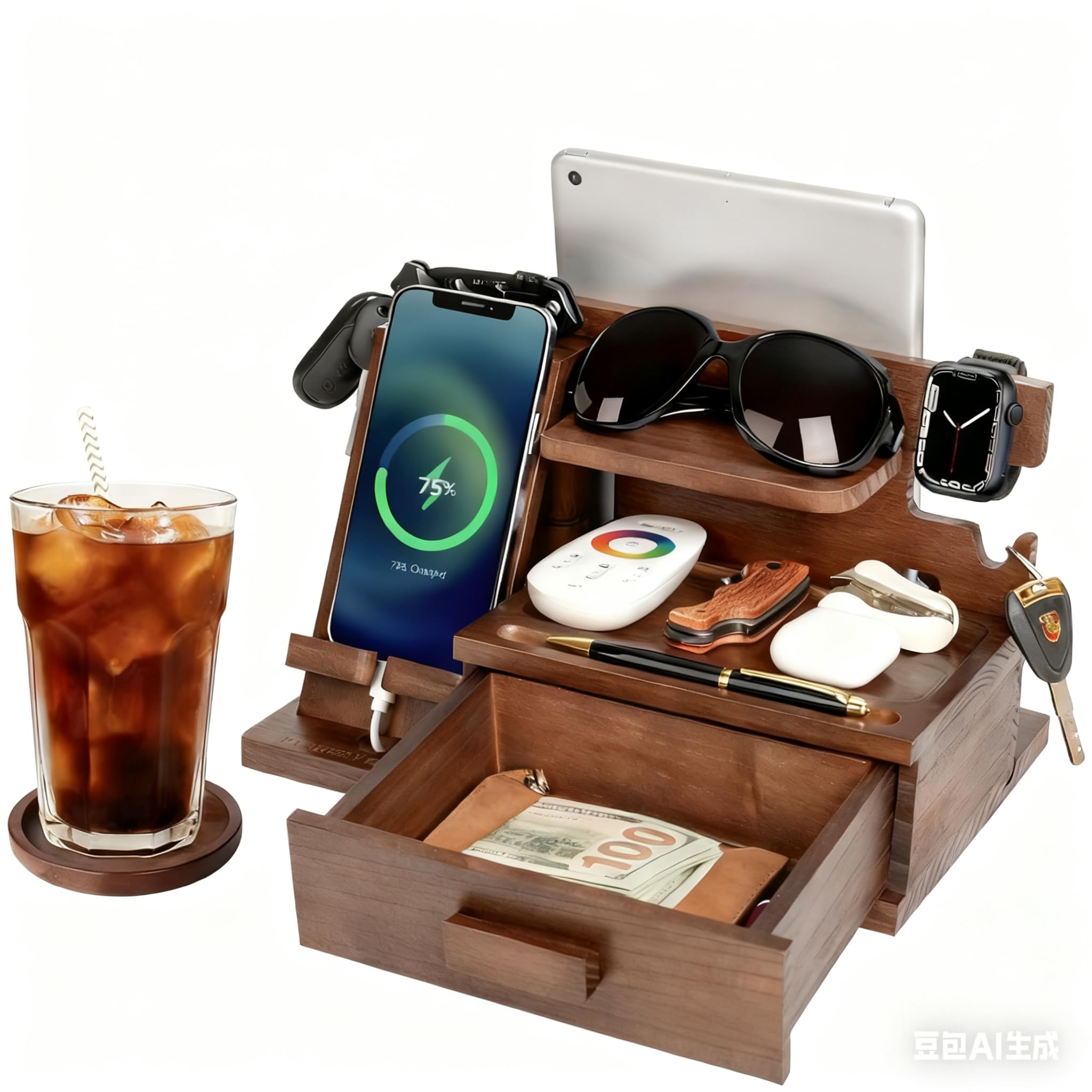 Wood Phone Docking Station for up to 3 Phones - Nightstand Organizer with Drawer for Valuables for Men & Women, Compatible with Apple Watch, Holds Phones, Tablets, Keys, Rings, Glasses, Watches & EDC