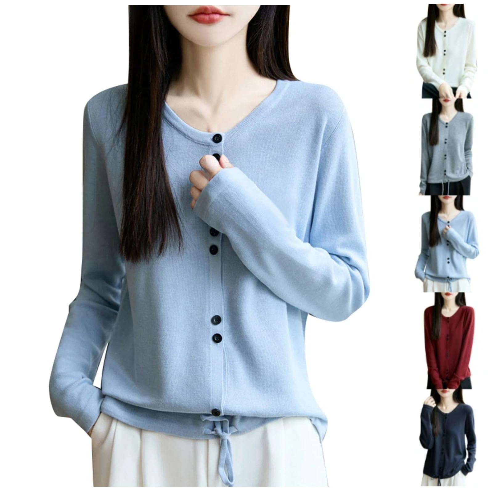 Womens Fall Cardigans Lightweight Knitted Long Sleeve Sweater Button Down Crew Neck Drawstring Slim Fit Cardigan