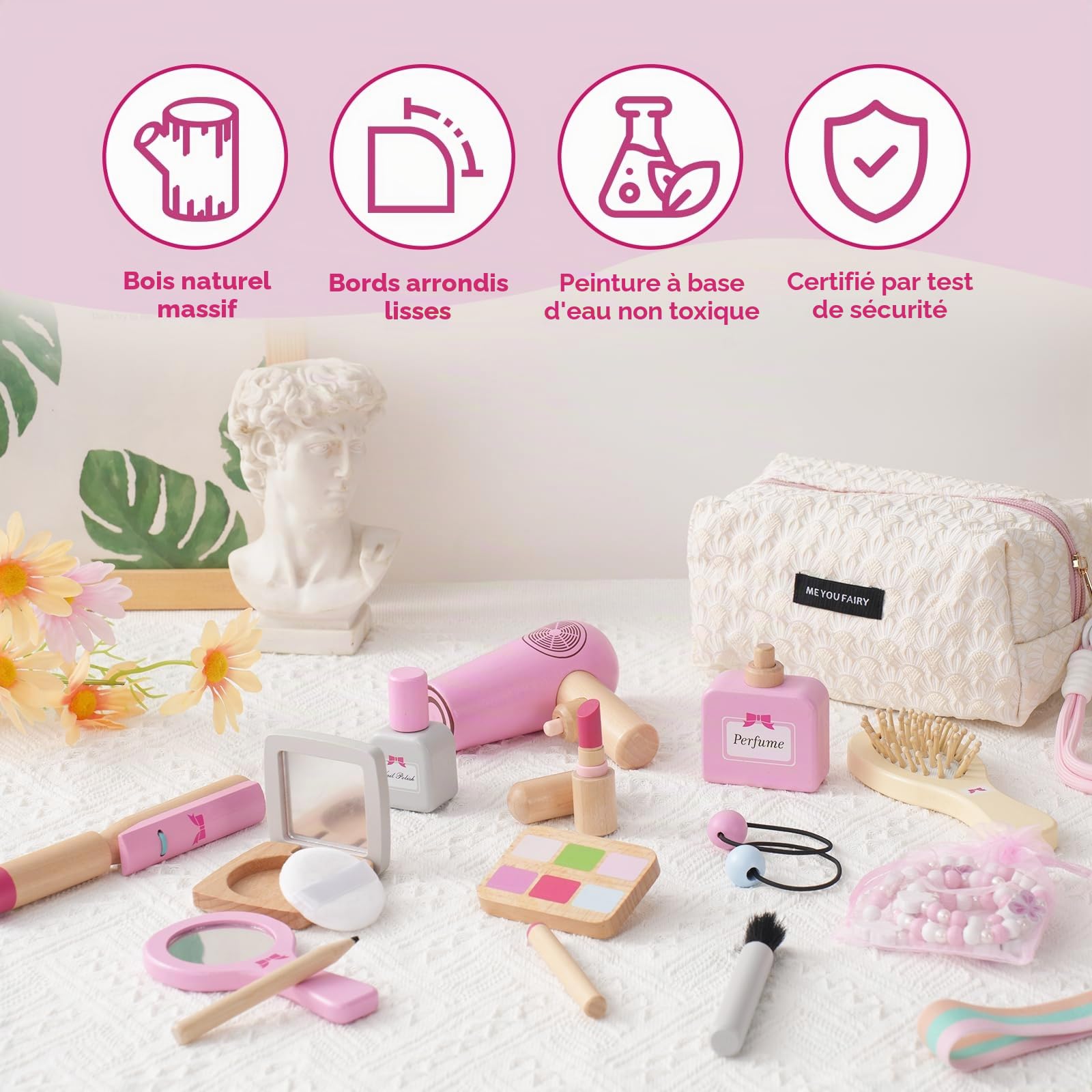 Jouets de Maquillage Kit pour Enfants, Faux Maquillage Enfant Fille, Coiffure en Bois pour Jeux de Rôle, pour Les Anniversaires et Noël des Enfants de 3 4 Ans.