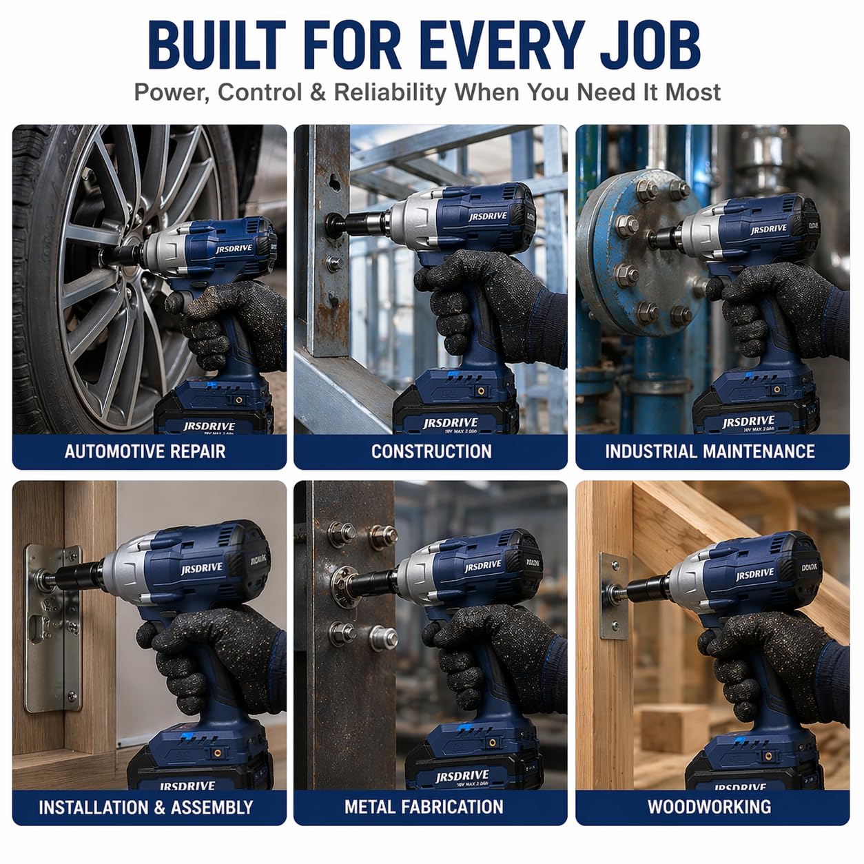 JRSDRIVE 18V Cordless Impact Wrench, 1/2" Square Drive, Brushless Motor, High Torque, Variable Speed, Battery & Charger Included 2