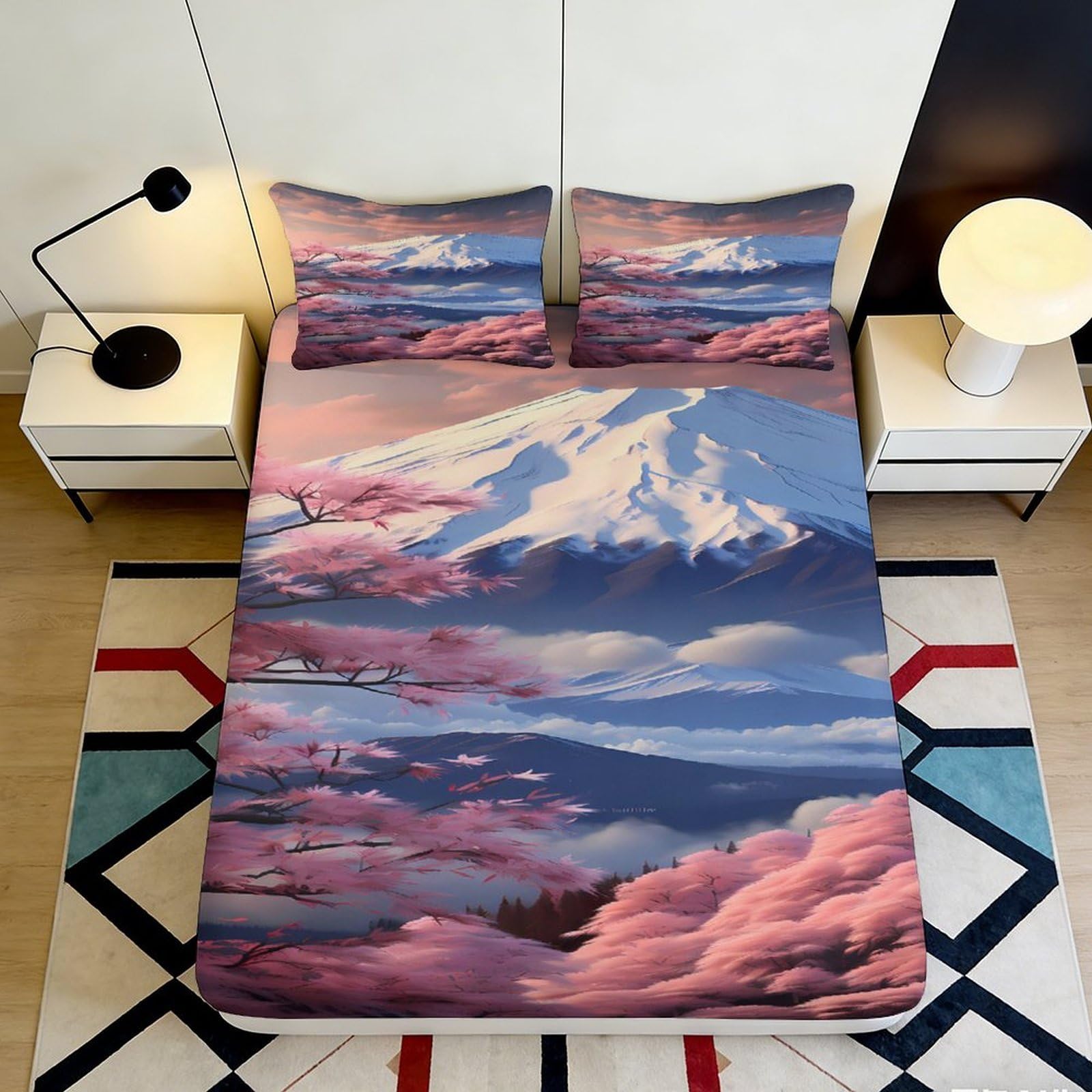 3D Printed Cherry Blossom Mountain Fitted Sheet Microfiber Soft Bed Cover Scenic Bedroom Decor Mattress Protection 90x200x25cm
