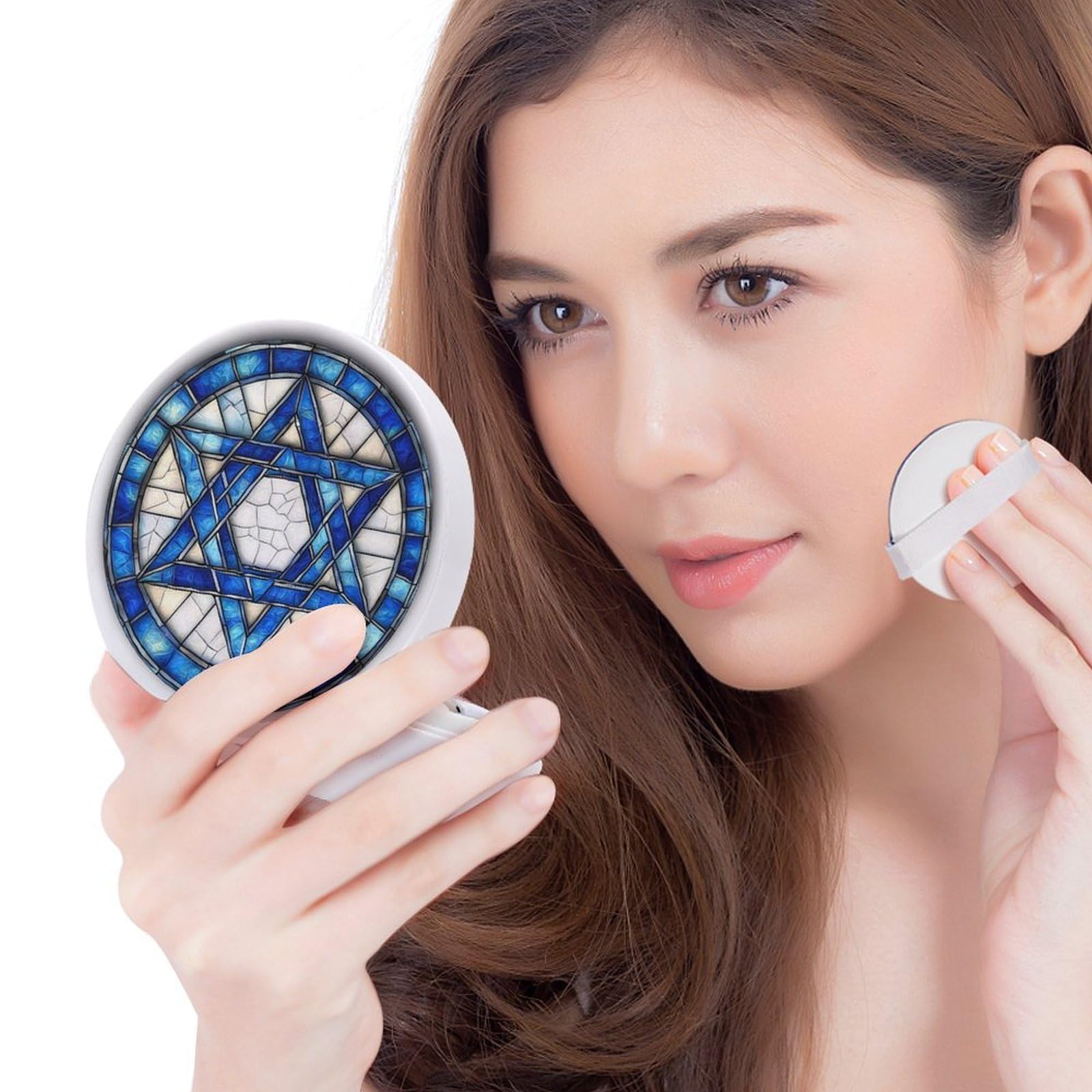 Hayyett Israel Flag Blue Star Stained Glass Air Cushion Puff Box Portable Cosmetic Makeup Case Container,Loose Powder Foundation Container