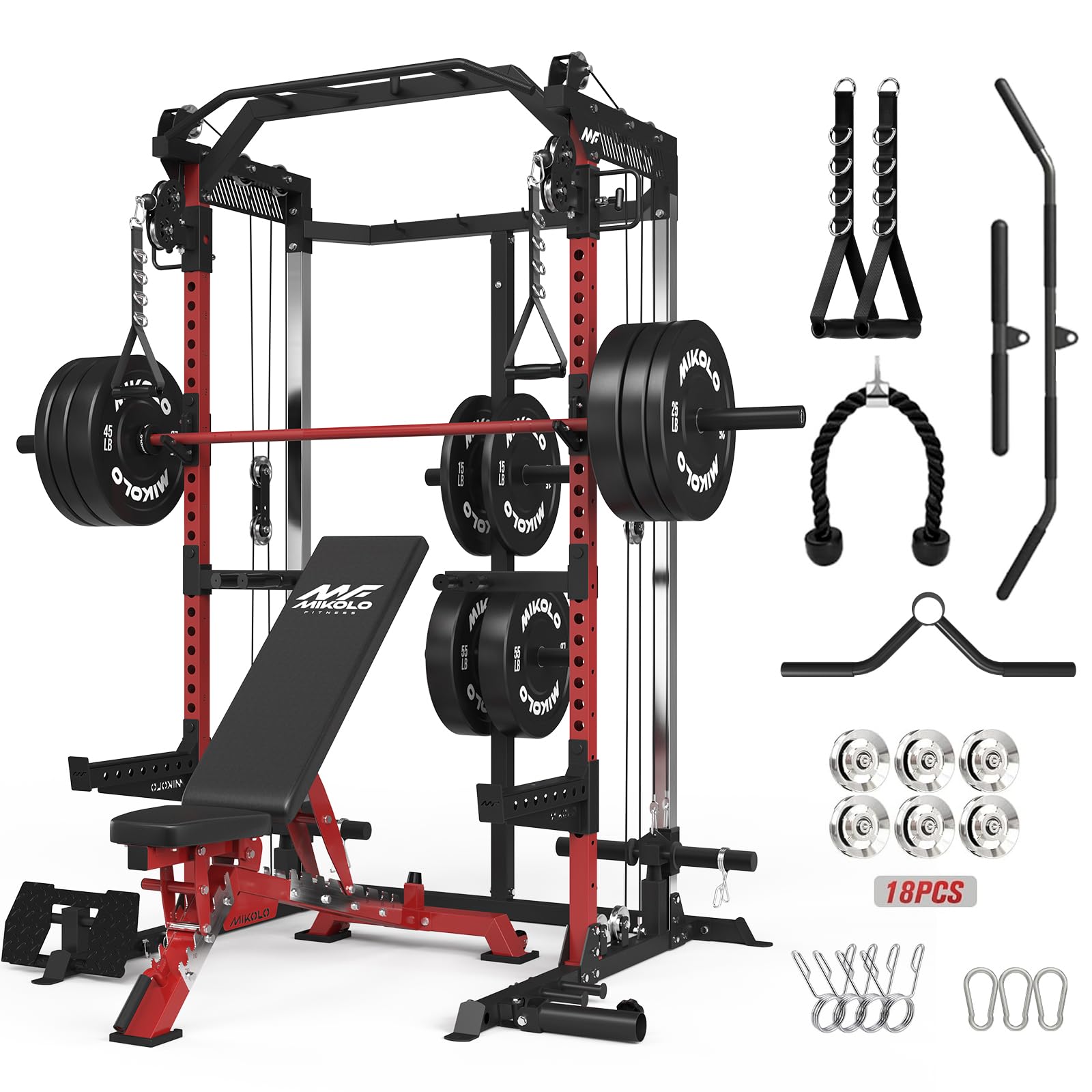 Mikolo HR06 Power Cage with Aluminum Pulleys, 2000LB Power Rack with Independent Dual Pulley System, Multi-Function Home Gym Workout Machine for Cable Crossover