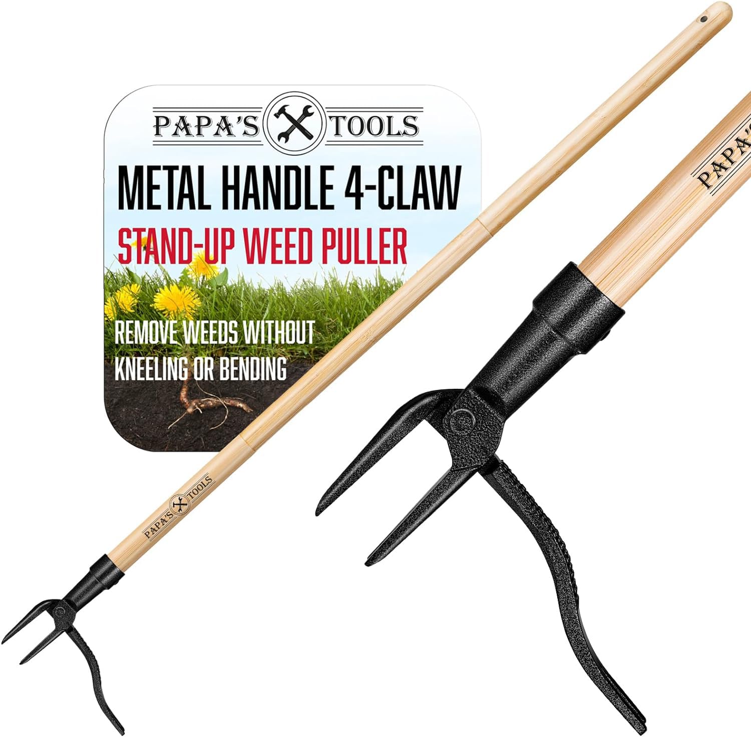 Papa's Tools Weeder - Stand Up Weed Puller Tool Made with Long Wooden Handle - Real Bamboo & 4-Claw Steel Head - Easily Remove Weeds Effortlessly without The Need to Tug, Bend, Or Flex,