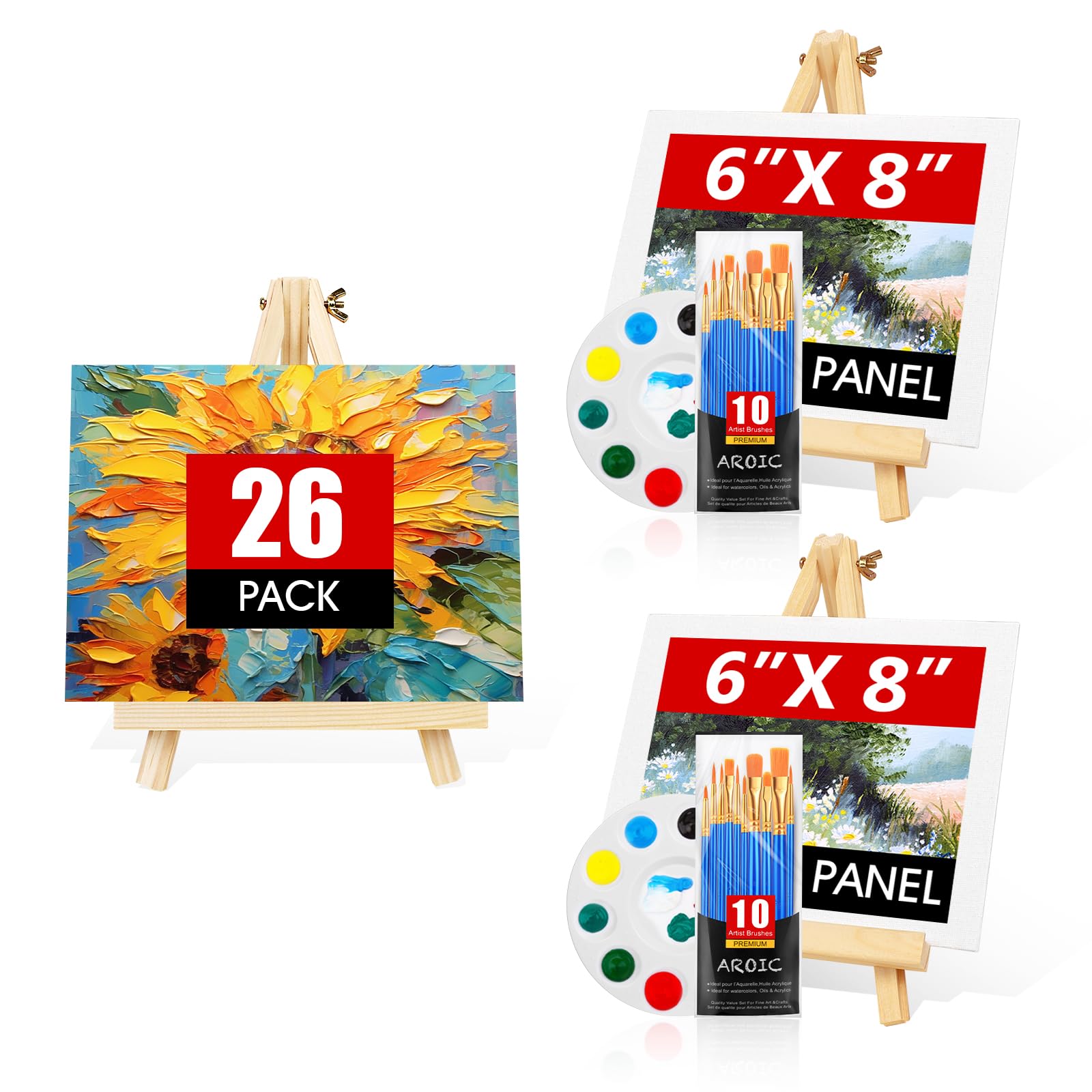 AROIC 26 PCS Professional Painting Set with Easels, 2 Wood Easels,20 Brushes with Nylon Brush Head,2 Drawing Boardart and 2 Palette, Painting Supplies kitfor Kids & Adults to Painting Party