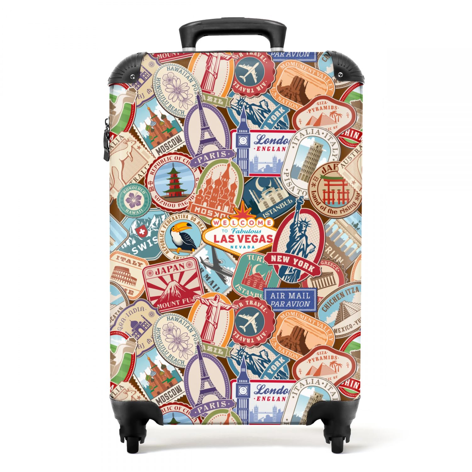 NoBoringSuitcases.com® Maletas de Viaje Cabina, Equipaje de Mano, Trolley con 4 Ruedas giratorias rotación de 360, Divertidas, TSA Cerradura, 10kg Avion, 55x40x20 cm Patrón de destinos