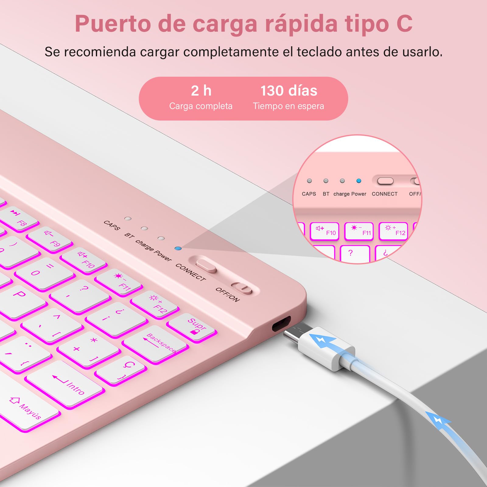 KBCASE Teclado for iPad A16 11.ª Generación 2025/10.ª Generación 2022 (10.9/11 Pulgada), Retroiluminado de 7 Colores Bluetooth Magnéticamente Teclado para iPad 11/10 Gen, Español Ñ, Rose