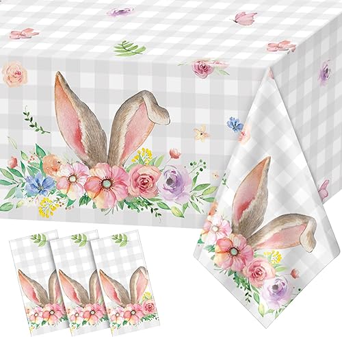 3 piezas de decoración de mantel a cuadros con orejas de conejo de primavera y Pascua, cubierta de mesa de comedor floral de plástico para
