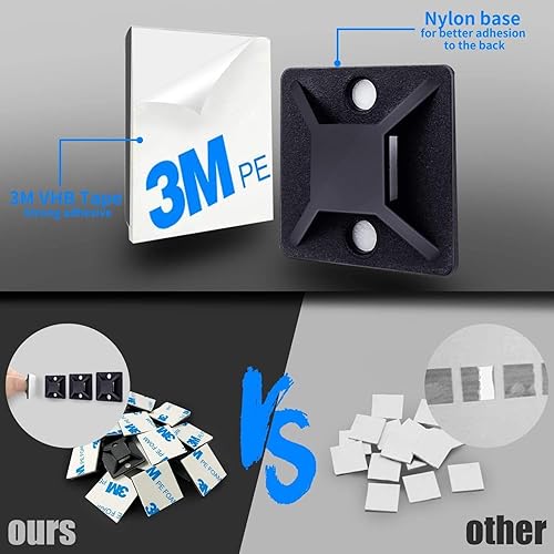 Vista 17 de Juego de 100 soportes autoadhesivos para cables para gestión de cables con almohadillas de palo, clips de anclaje, soportes cuadrados (negro)