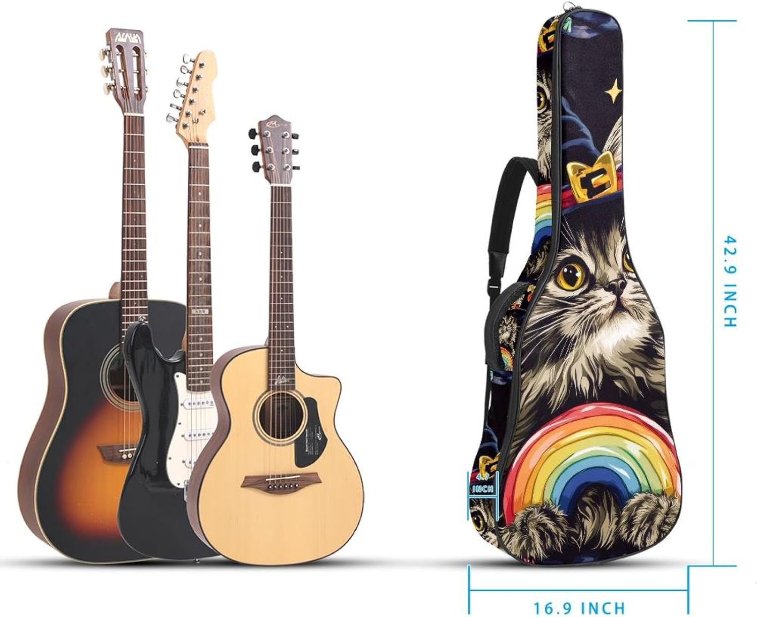 Kitten in Witch Hat Rainbow and Candies Acoustic Guitar Gig Bag, 1 cm Thick Padding Waterproof Guitar Bag Backpack for 40 41 42 Inch Electric Bass Classical Guitars
