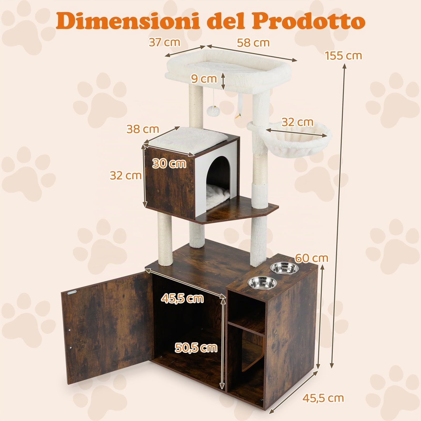 COSTWAY Albero per Gatti con Mobile per Lettiera Alto 155 cm (Marrone) | Tiragraffi per Gatti con Posto Graffio in Sisal e Tappetino, Pallina Pendenti, Toilette Nascosta e 2 Ciotole per Cibo