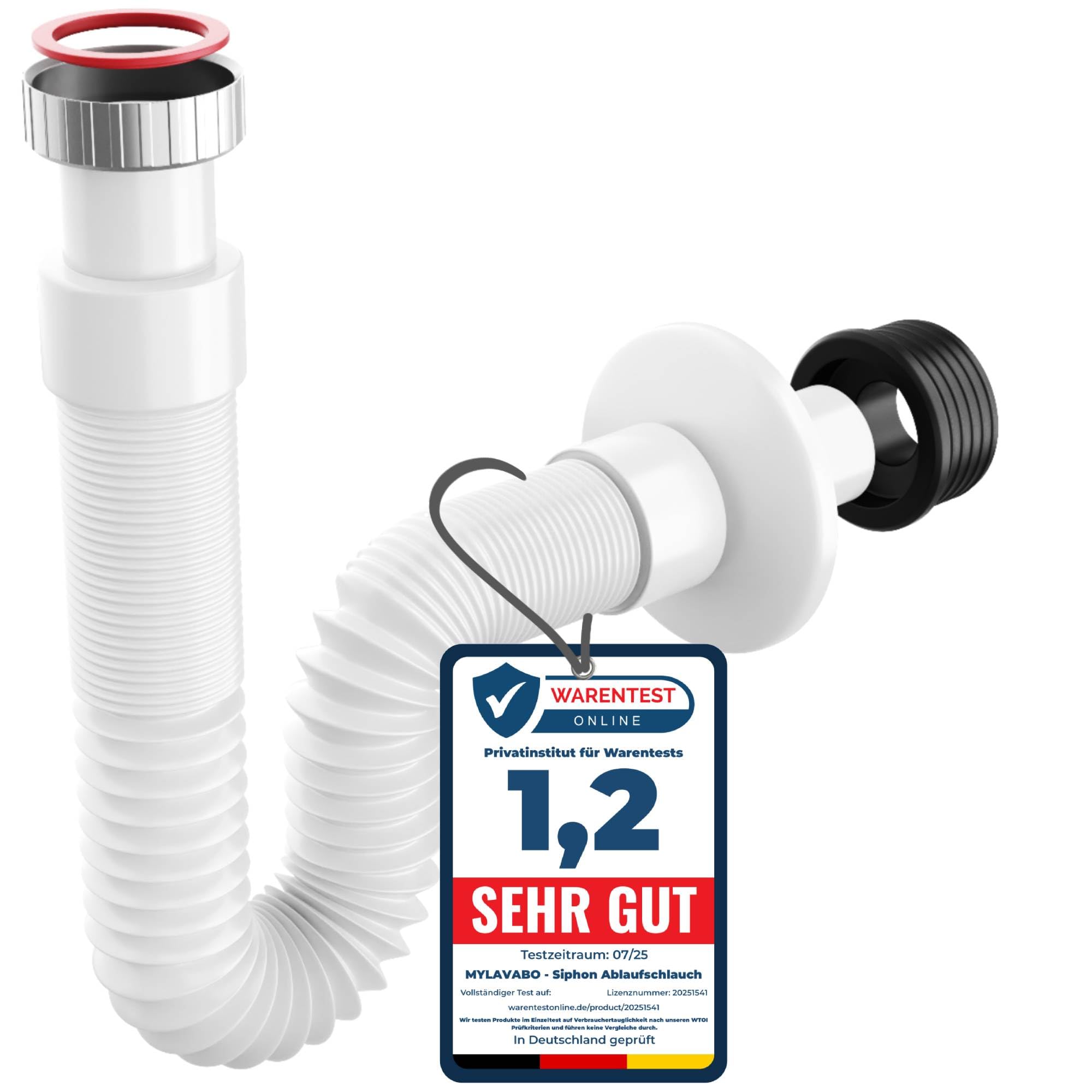 MYLAVABO Siphon Ablaufschlauch 1 1/4" Sifon für Waschbecken, flexibel ausziehbar bis 85cm cm, Röhrensiphon aus Kunststoff | 5/4" Anschluss | Ablaufgarnitur für Waschtisch