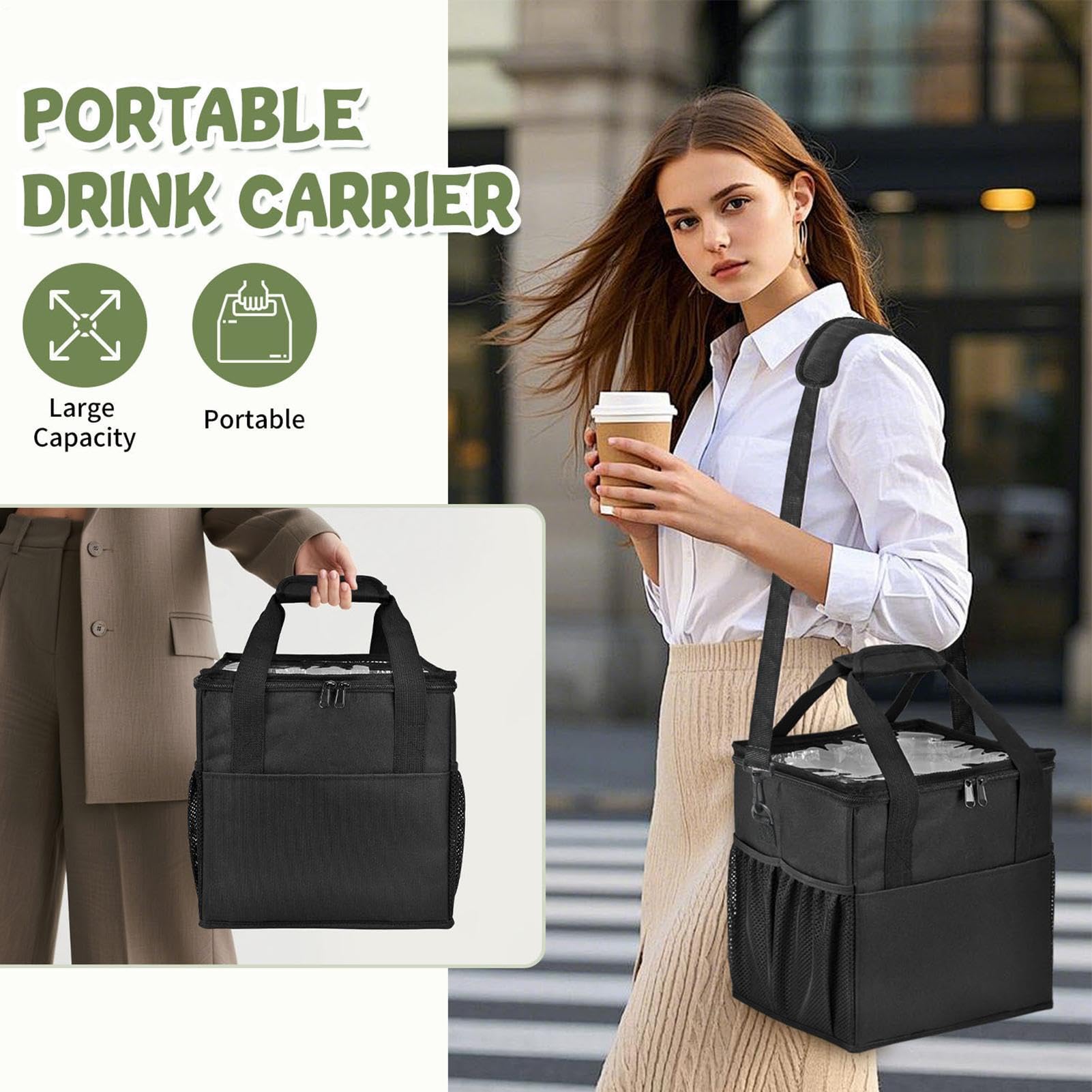 Borsa porta bevande, 4 scomparti con tracolla regolabile con manico, per viaggi, campeggio, gite in famiglia, caffè, bevande calde e fredde
