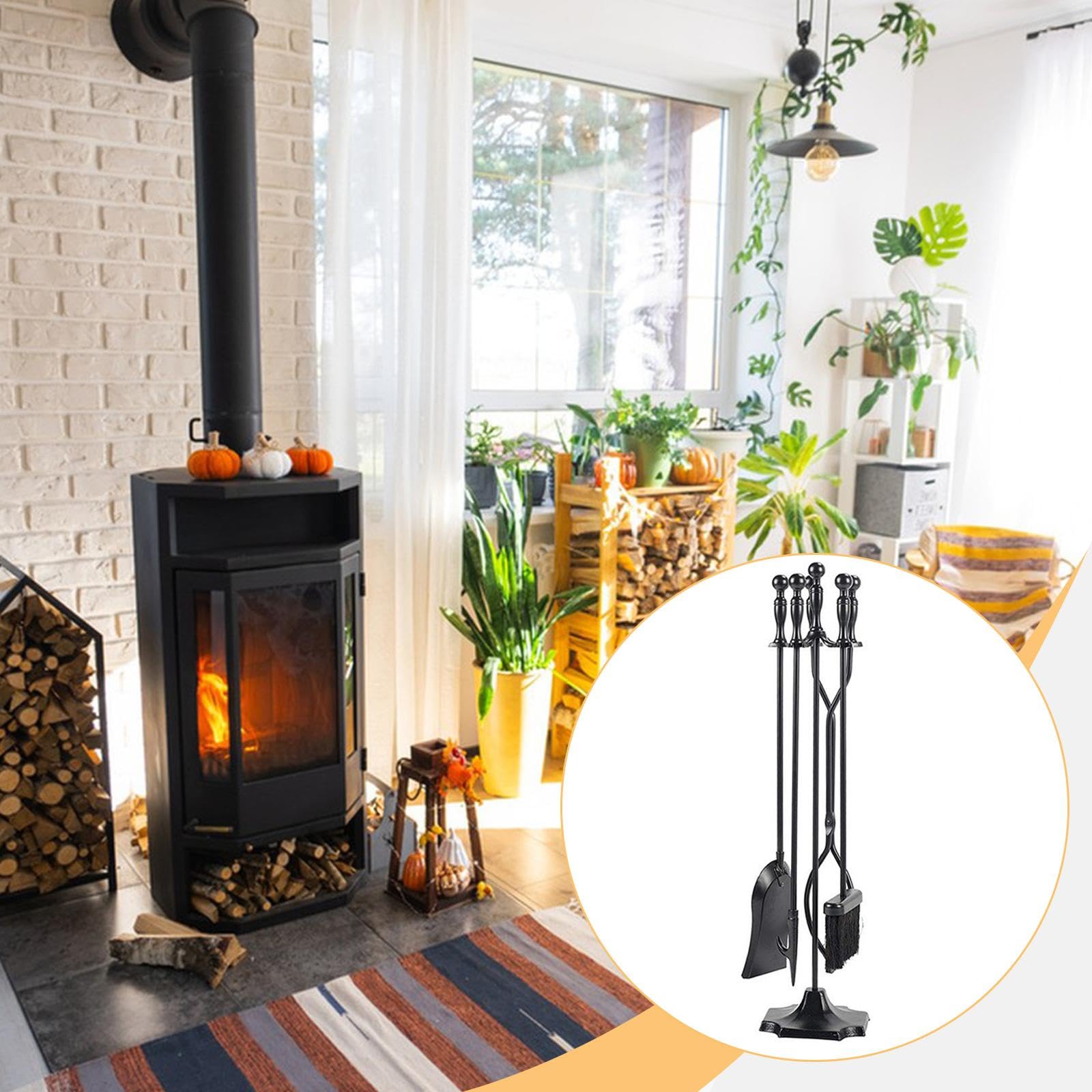 Juego de Herramientas para Chimenea, Base Estable, Pala Resistente, Pinzas Portátiles, Plancha