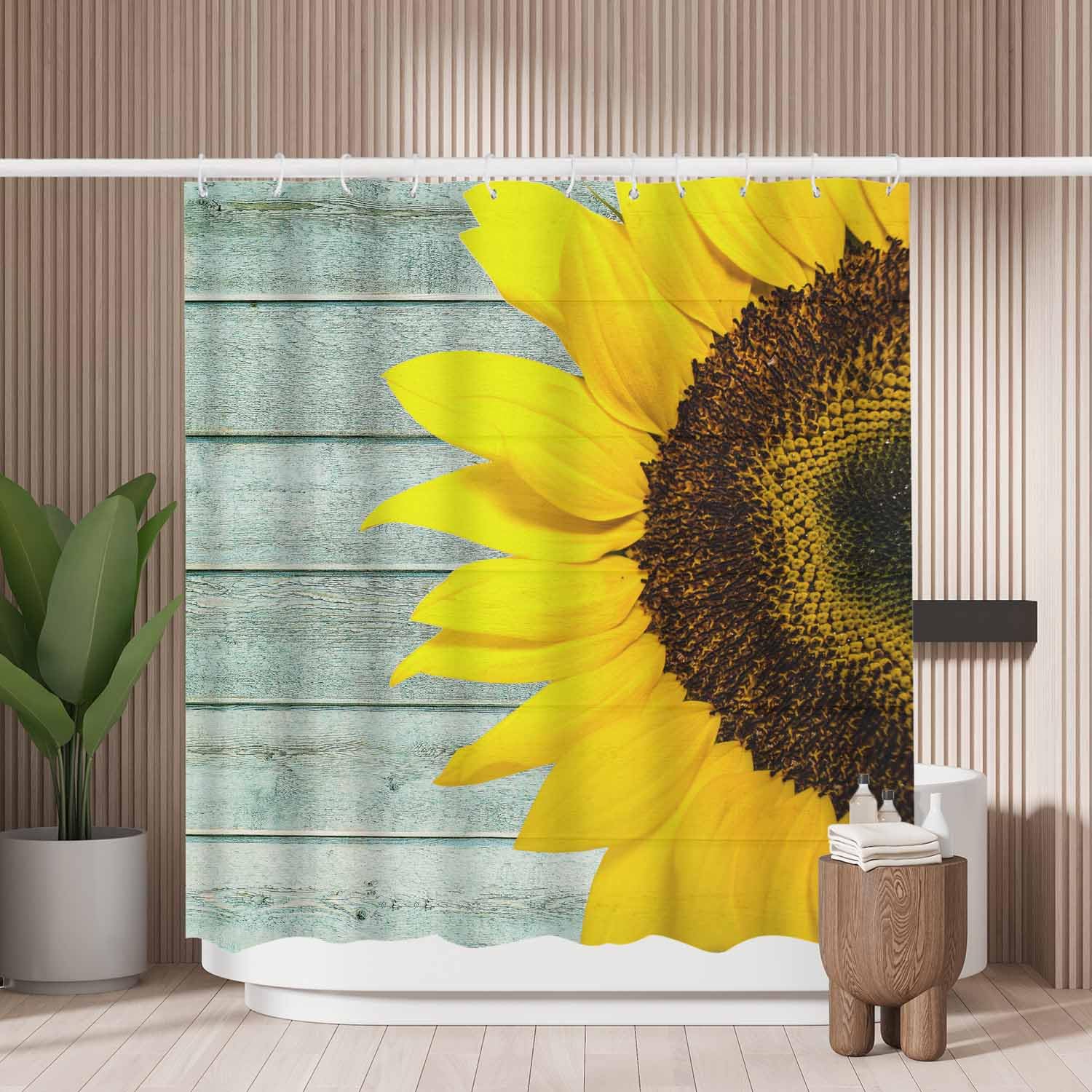 Woutay A219 Shower Curtain Mould Proof Resistant Yellow Sunflower,Water Repellant Fabric,Polyester,With 12 Plastic Hooks,Size 180X180cm