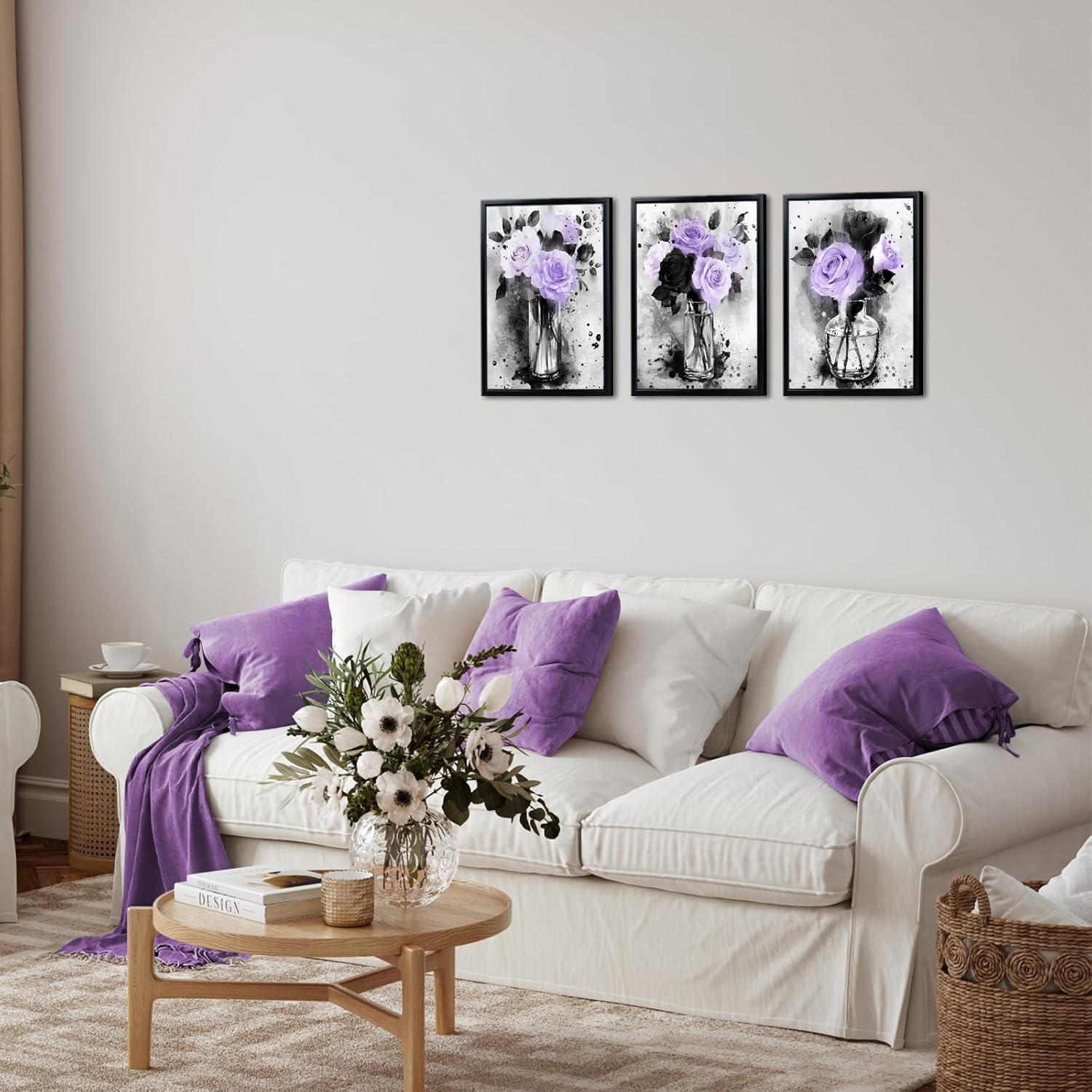 Visual Art Decor Flower Painting Floral Pictures Canvas Print, Woman Girls Bathroom Decor Bedroom Wall Decor Framed 12x16inchx3Pieces, Black Frame (Purple)
