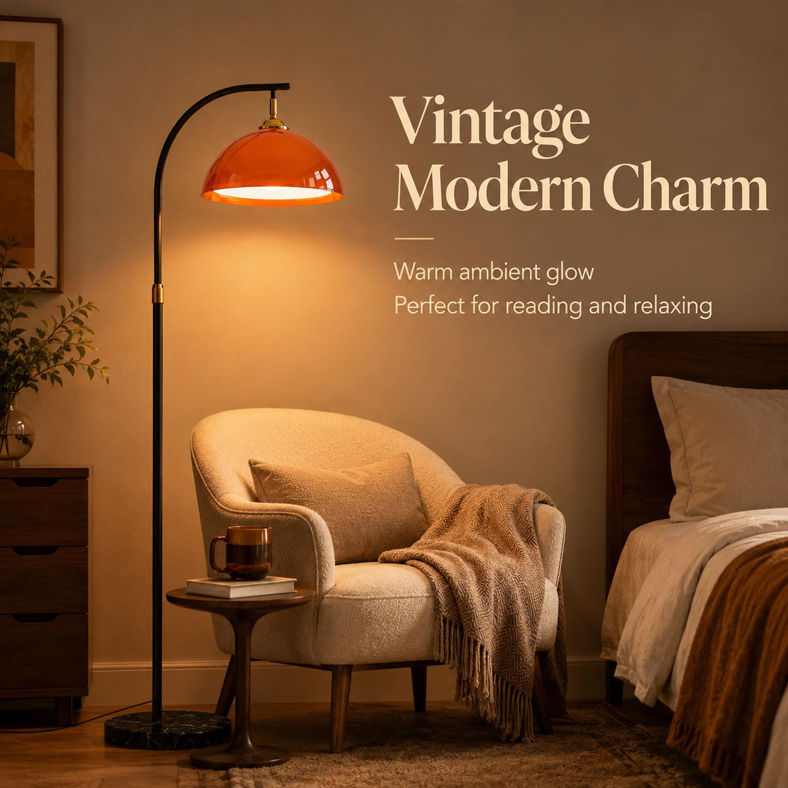 Lámpara De Pie Orange Arc, Base De Mármol, Mid-Century Modern, E27 | Pantalla Acrílica Doble Capa De Seta, Altura Ajustable, 3 Temperaturas, Interruptor De Pie, Poste Negro, Salón/Dormitorio