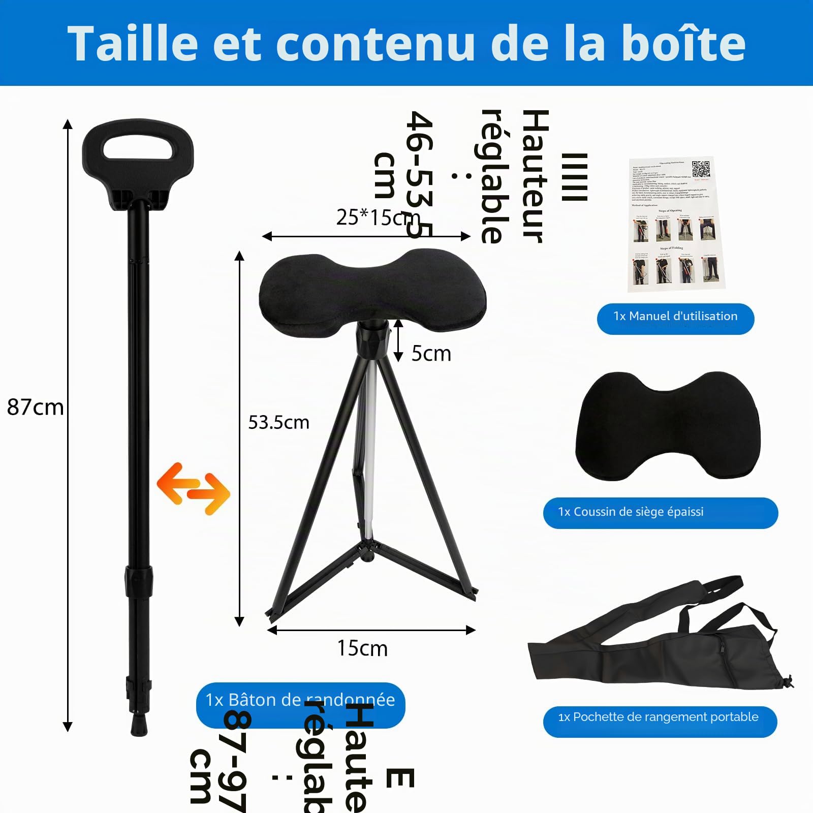 Canne Siège Pliante, Bâton de Marche avec Siège, Réglable pour Randonnée | Canne de Marche Pliable Siège Portable, Réglable 7 Niveaux (87-97,5 cm), Support 150 kg, Idéal Randonnée, Camping et Voyage
