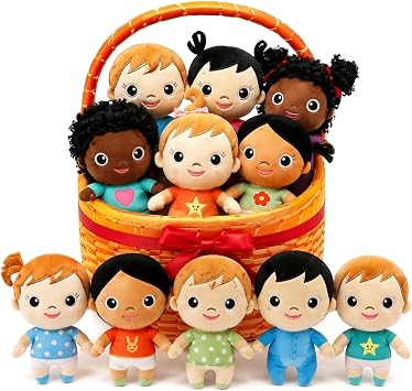 HyDren 10 Pcs Multicultural Plush Dolls with Basket, Diverse Toys for Kids