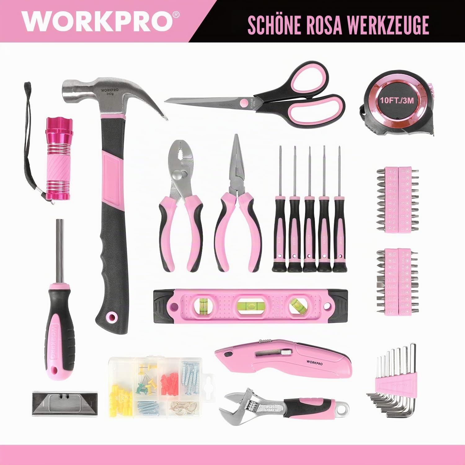 WORKPRO Pink Werkzeug Set Rosa Werkzeugkoffer 106-teilig Haushalts-Werkzeugsatz Reparatur inkl. Tasche mit weiter Öffnung 34cm Ideal Geschenk für Heimwerker