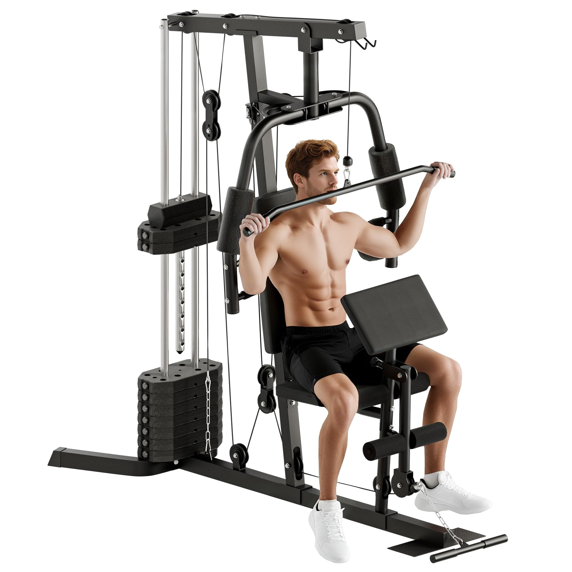 HOMCOM Multi Gym Equipment, Multifunction Home Gym Machine with 45kg Weight Stack, for Lat Pulldown, Leg Extensions, Preacher Bicep Curls, Triceps Pulldowns, Chest Press, Strength Training
