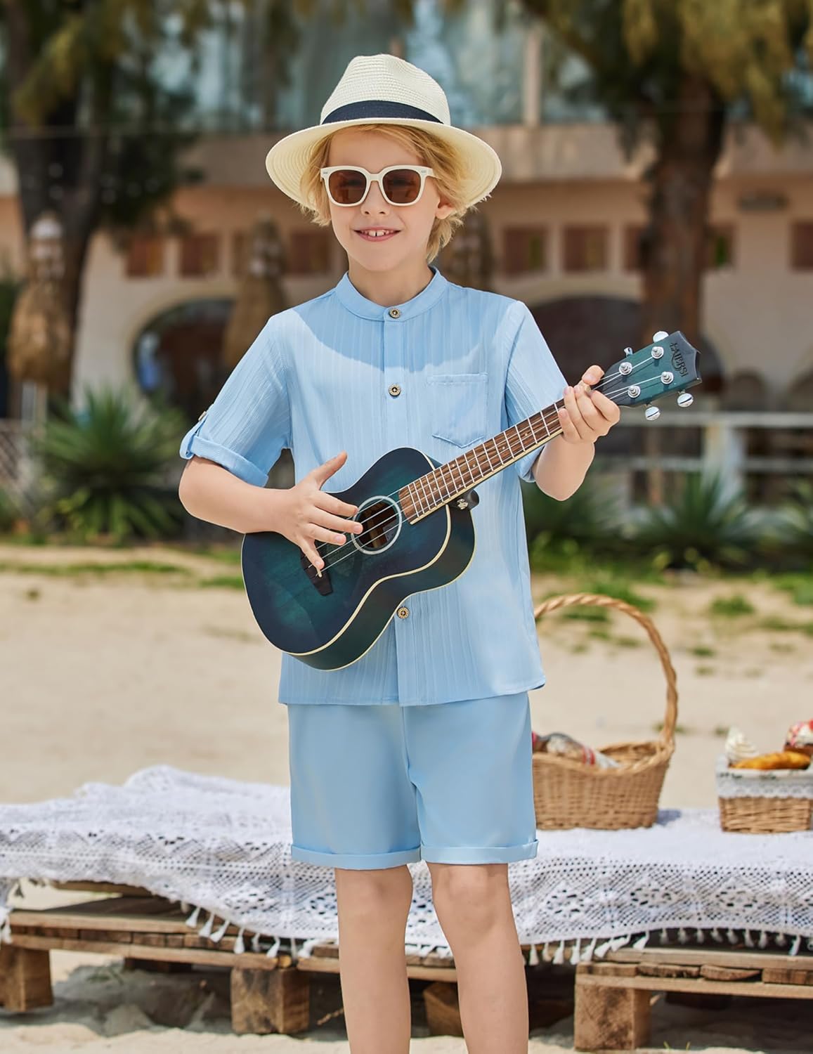 Arshiner Boy's 2 Piece Beach Outfit Short Sleeve Textured Button Down Shirt and Short Sets Summer Vacation Wear 5-12 Years - Image 7