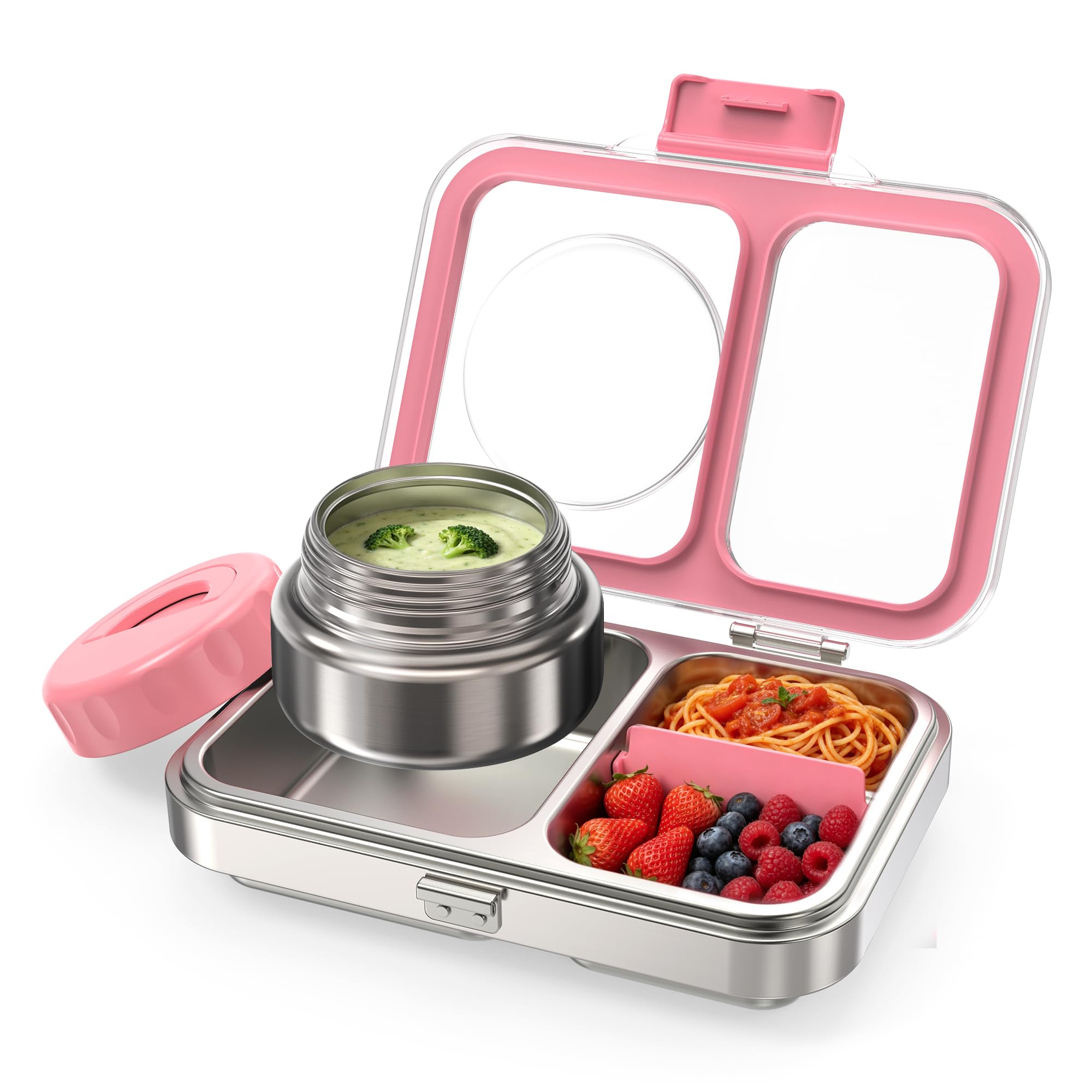 HOMEKOL Stainless Steel Bento Lunch Box + 9.5oz Insulated Food Jar, Pink | 2-Compartment Leak-Proof Container for Kids & Adults, BPA/BPS-Free, 18/8 Metal, Dishwasher Safe, Clear Tritan Lid