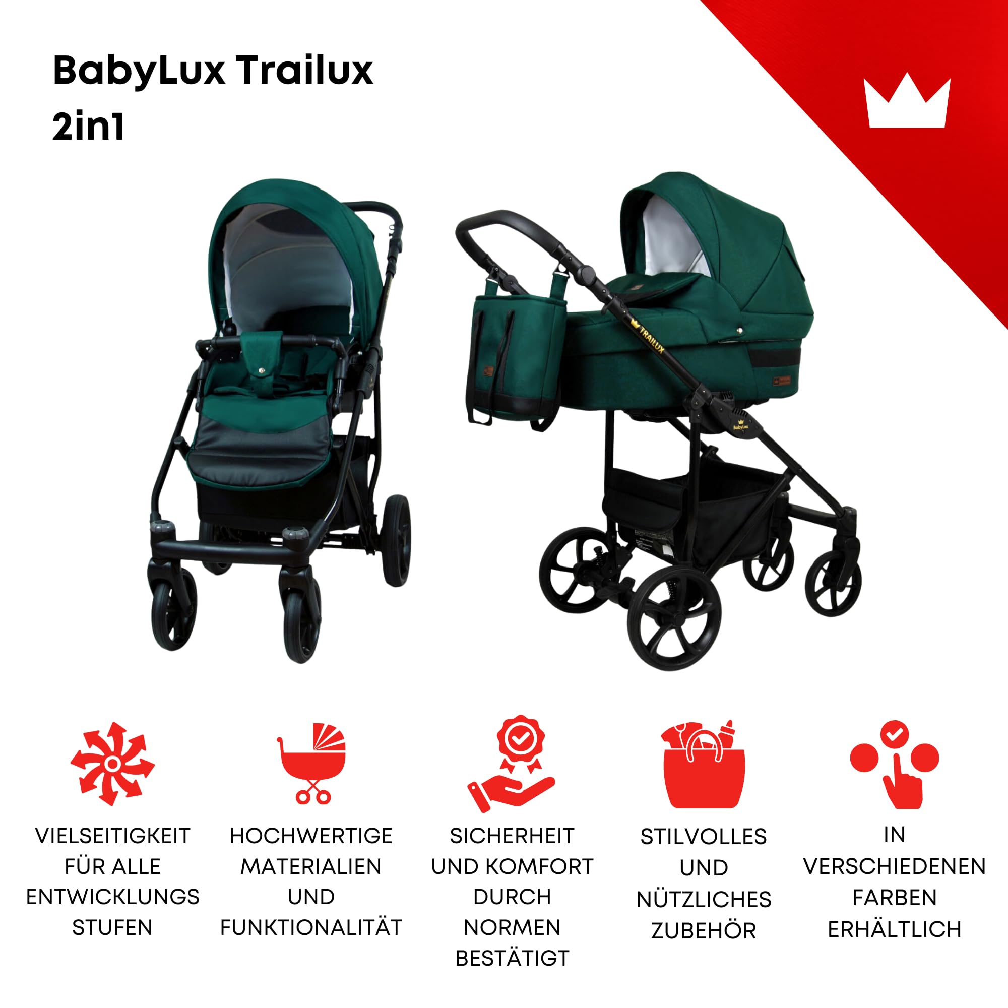 BabyLux® Zestaw wózków dziecięcych 2 w 1 – Trailux – Sapphire – w zestawie wanienka dla niemowląt, fotelik sportowy Buggy – zestaw wózków dziecięcych – wózek dziecięcy kombi z torbą do przewijania,