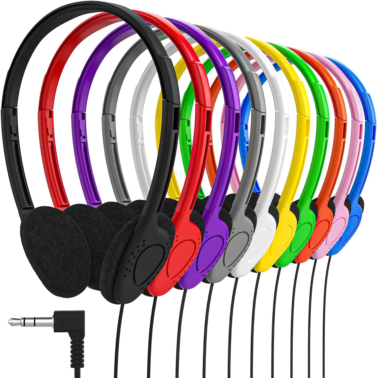 Maeline Bulk Classroom Student Headphones On Ear Stereo Headphones Adjustable Band & Faux Leather Cushions for Kids Online Learning, Library, School, Travel - 3.5mm Plug - 10 Pack - Black