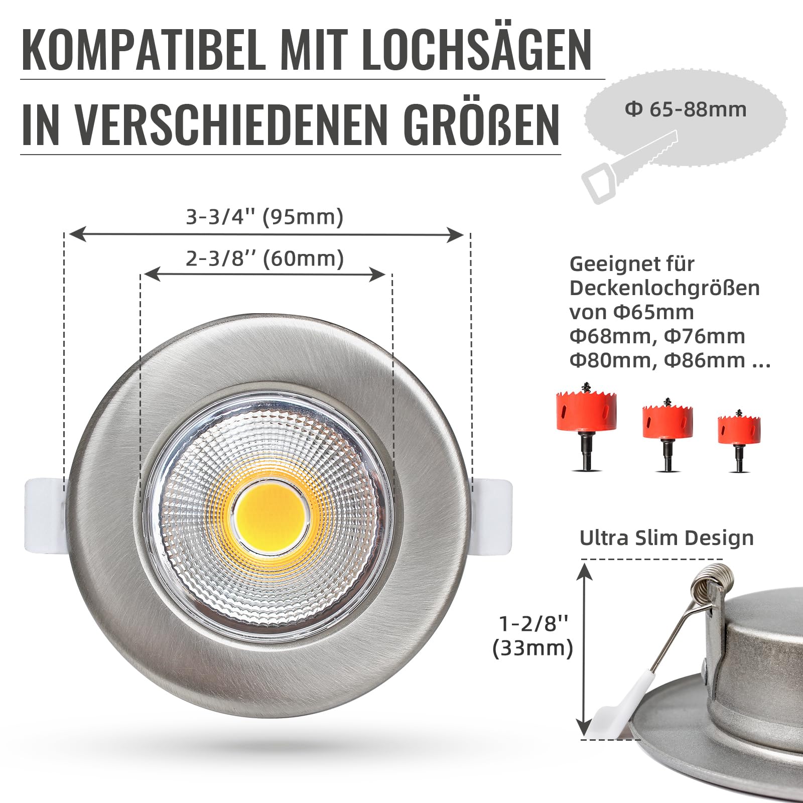 6er LED Einbaustrahler Dimmbar 10W Set Spots Deckenleuchte Flach 33mm LED Spots 230V Rund Gebürstet Edelstahl Einbauleuchten 2700K Warmweiß 850LM für Küche