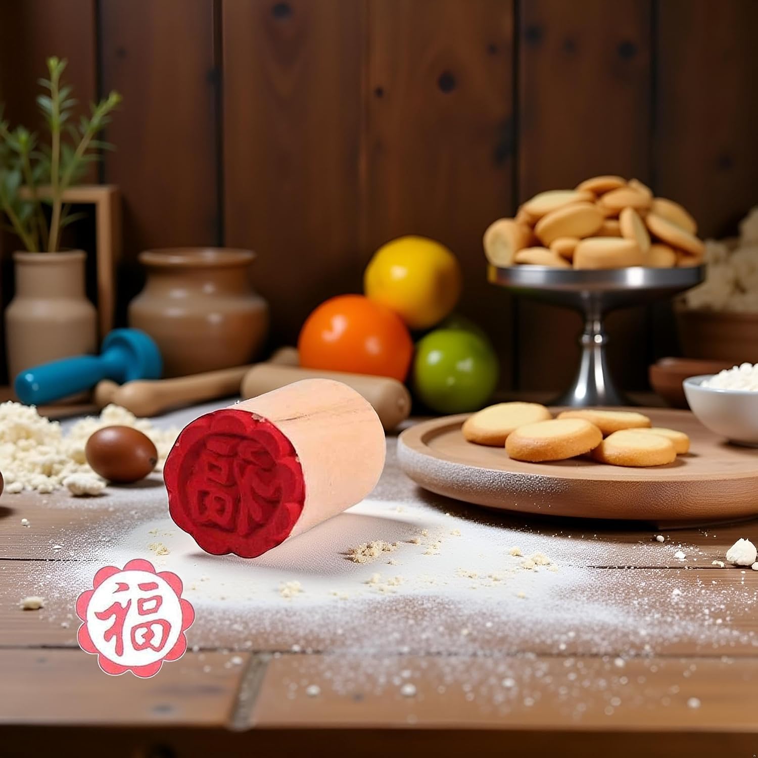 Wooden Cookie Molds Stamps Hand Pressure Cake Maker Mold Traditional Chinese Moon Cake Stamps Manual Round Wooden Dessert Seal Cookie Cutters Custard Cream Cookie Stamp，Baking Tools and Accessories