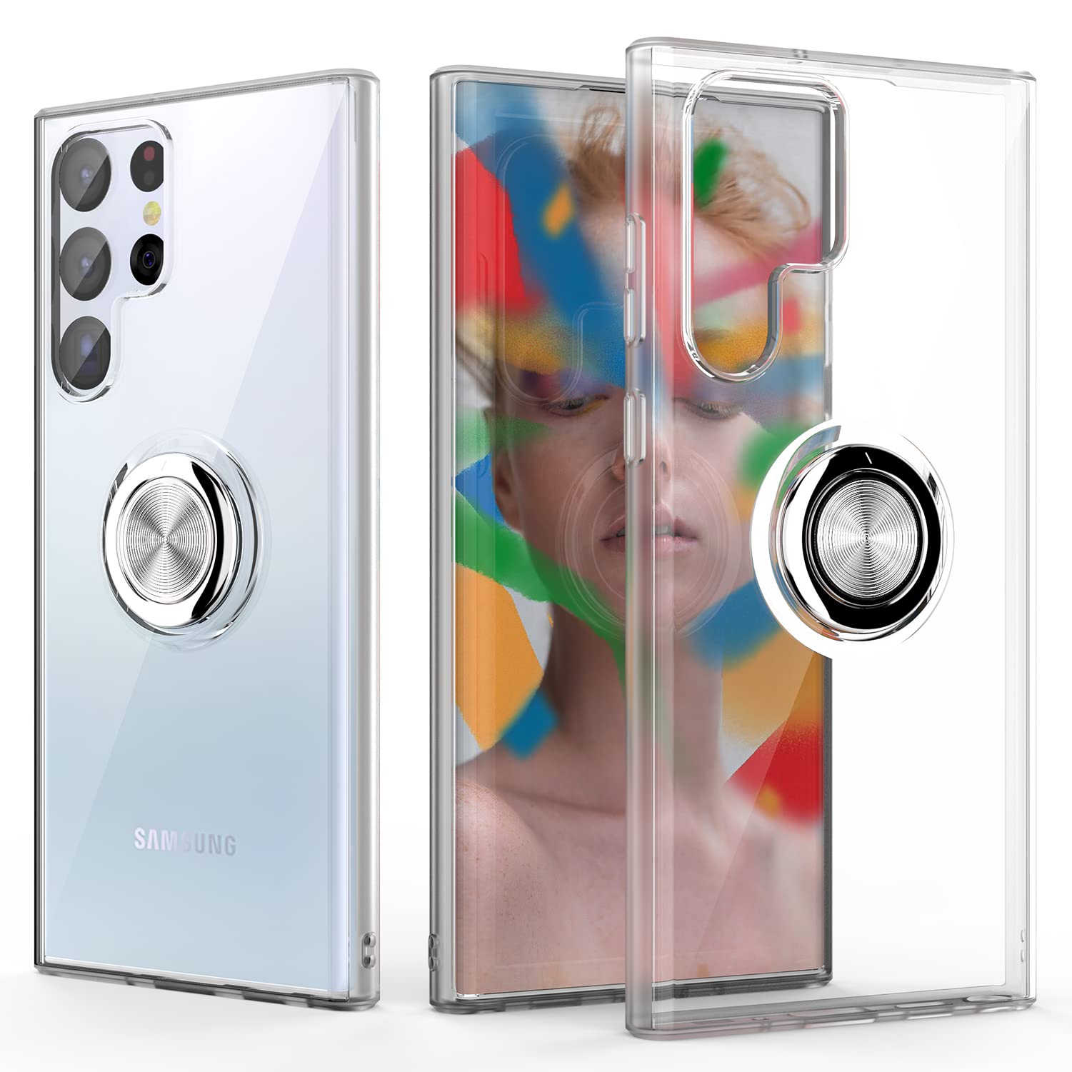 WATACHE S22 Ultra Clear Crystal Slim Fit Protective Phone Case Cover with [Ring Holder Kickstand] [Magnetic Car Mount Feature] (Galaxy S22 Ultra,Clear)