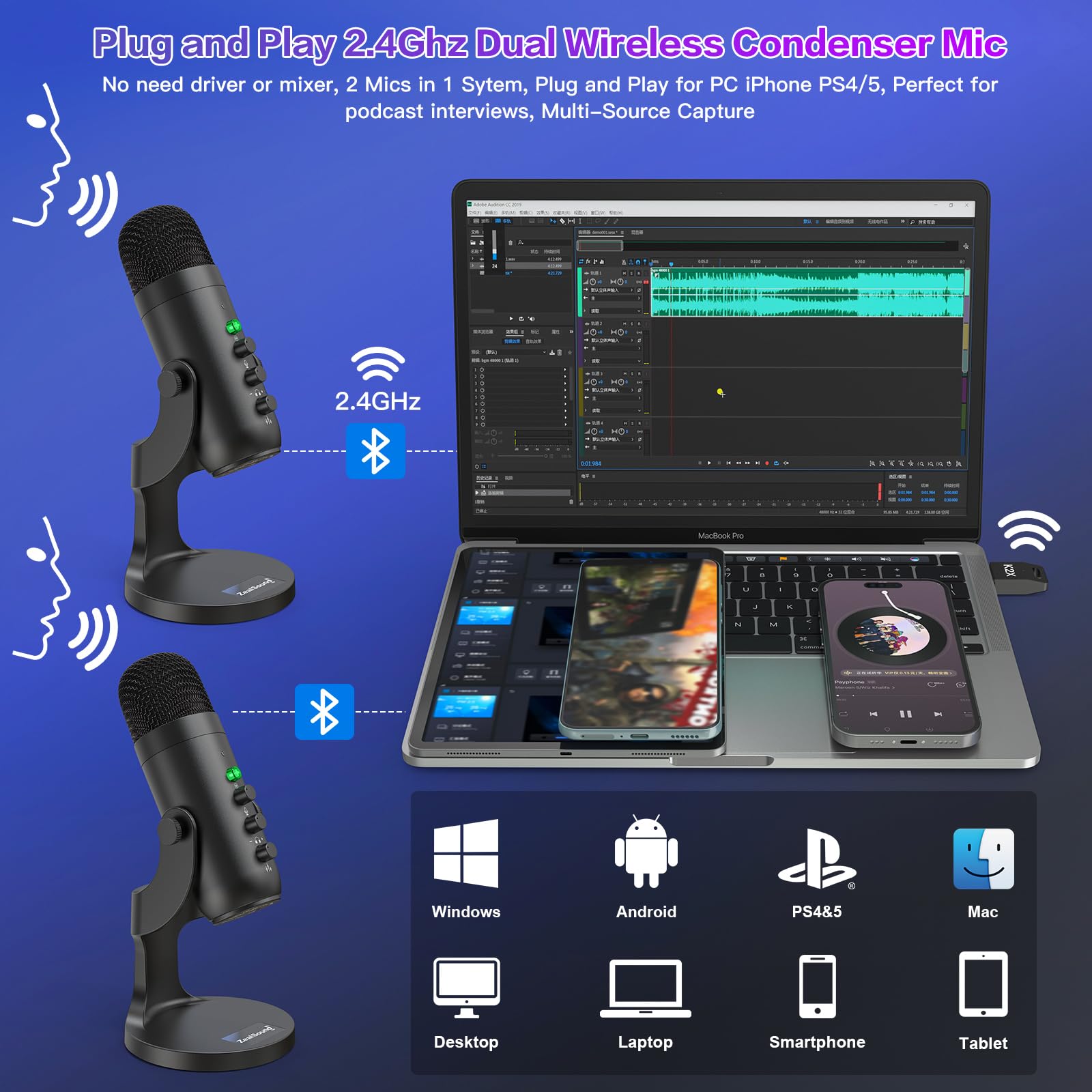 zealsound Profesjonalny zestaw mikrofonów pojemnościowych USB, dwupak, czarny