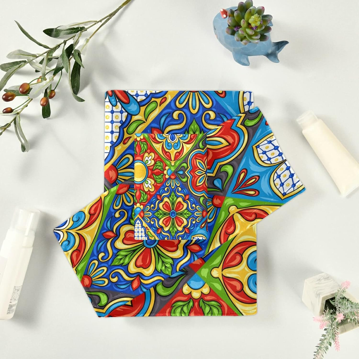 xigua Towels Set 3-Piece, Super Soft Absorbent Mexican Talavera Ceramic Tile Bath Towels for Bathroom Gym Spa Hotel Decor