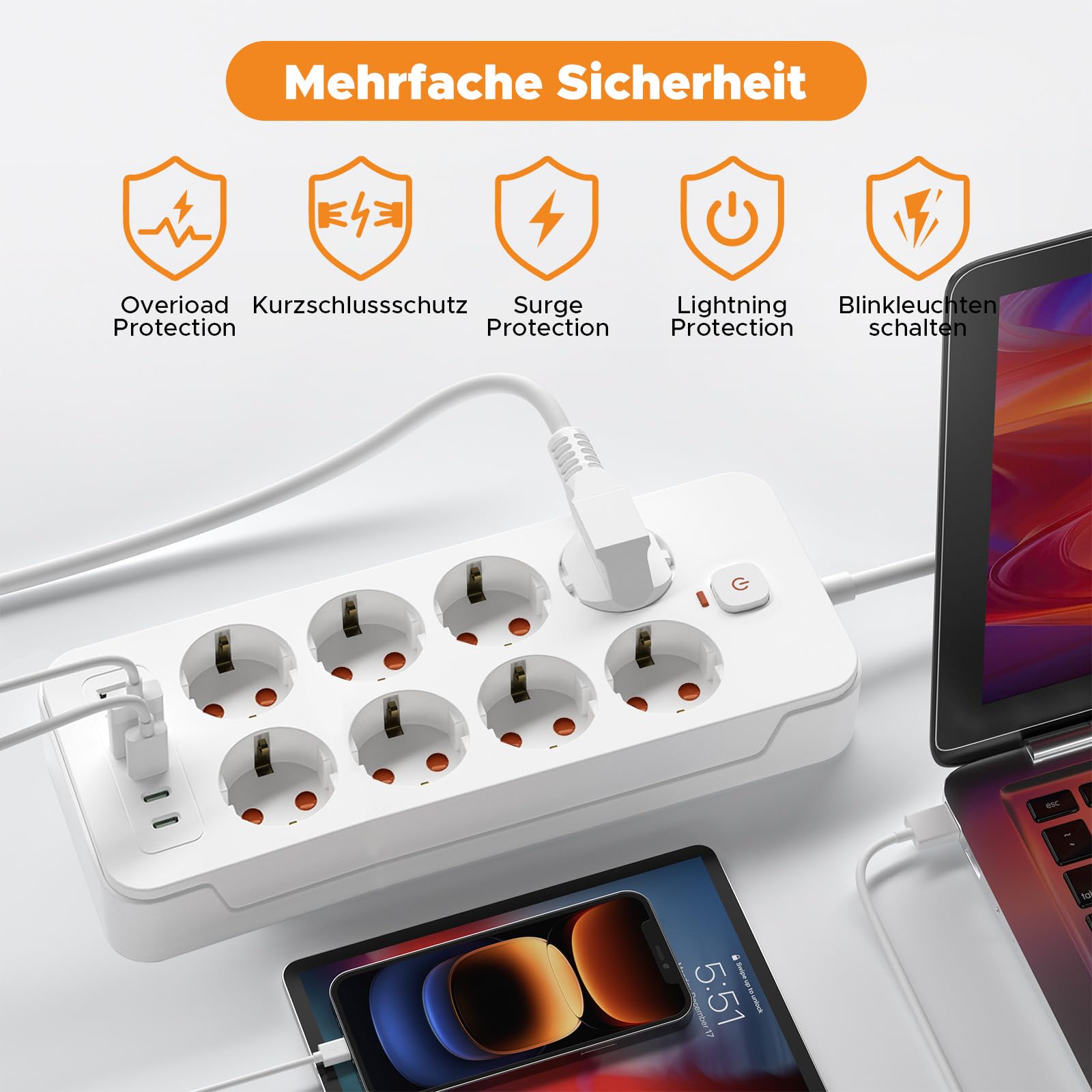 Regleta múltiple con USB C, regleta SNYZPN con interruptor de 8 tomas, cable de extensión de 5 m, cable de extensión con regleta de enchufe, protección contra sobretensiones, 3680 W, montaje en pared