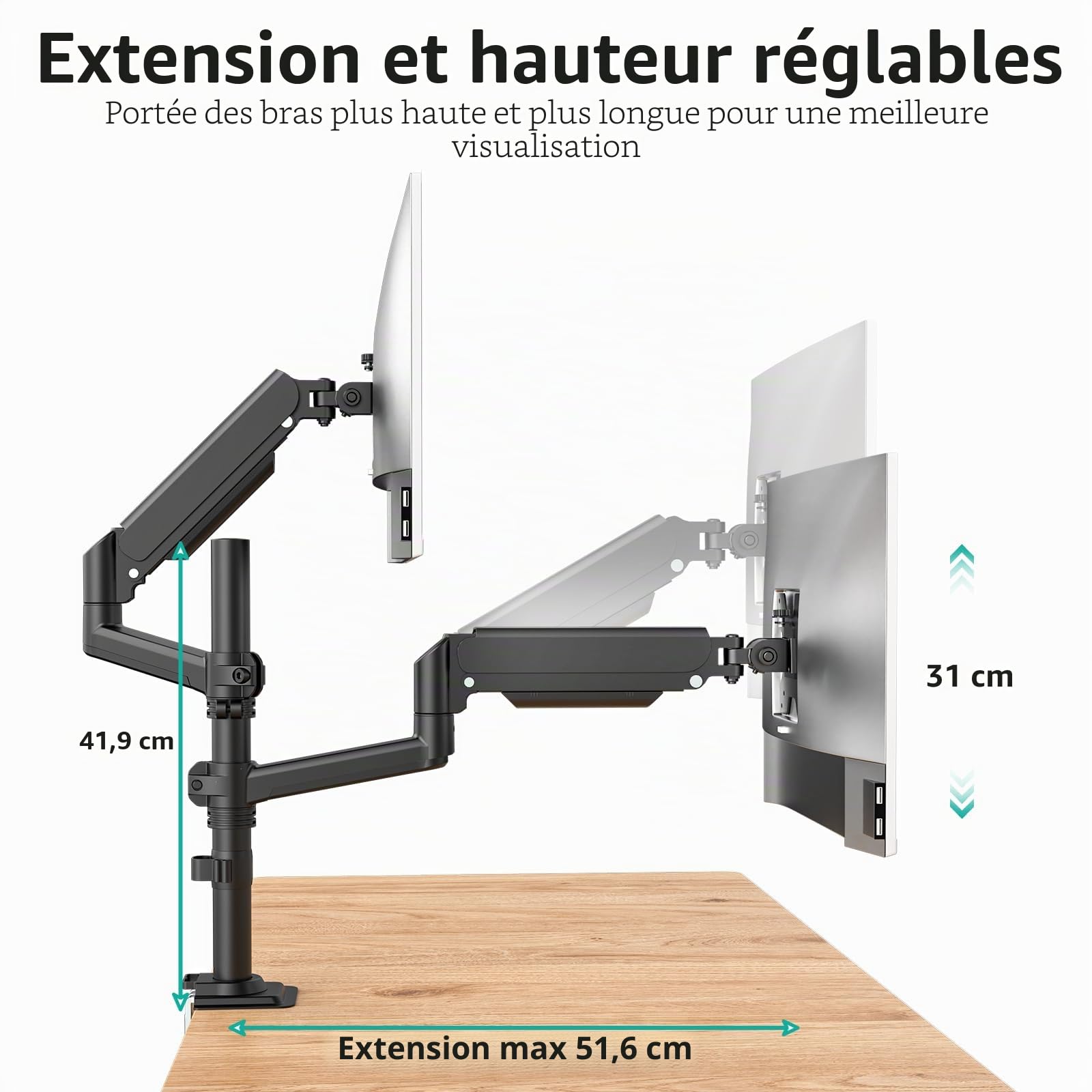 WALI Support Ecran PC 2 pour Moniteurs de 13-32 Pouces, Support Double Ecran Ressort à Gaz, Réglable en Hauteur, Inclinable, Rotatif et Pivotant, Capacité de Charge 8kg par Bras, Noir(GSDM002)