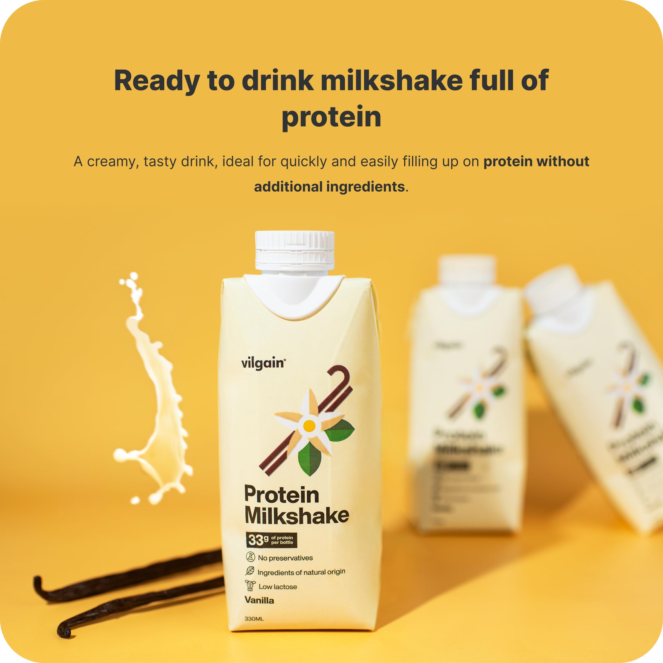 Vilgain Frappè proteico, 33 g di proteine per porzione, Basso lattosio, frullato di proteine del latte, Senza additivi artificiali, Dolcificato con stevia (12x330ml) (12x330, Vaniglia)