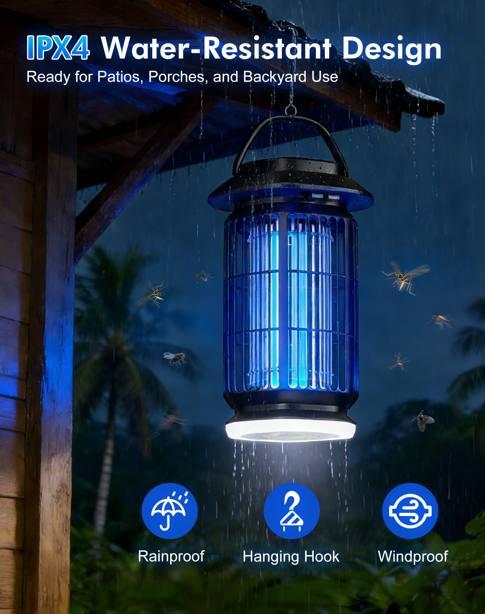 Eliminador de insectos para exteriores e interiores, 4400 V eléctrico con luz UV y azul, LED extra blanco, cubre hasta 2100 pies cuadrados, impermeable IP64