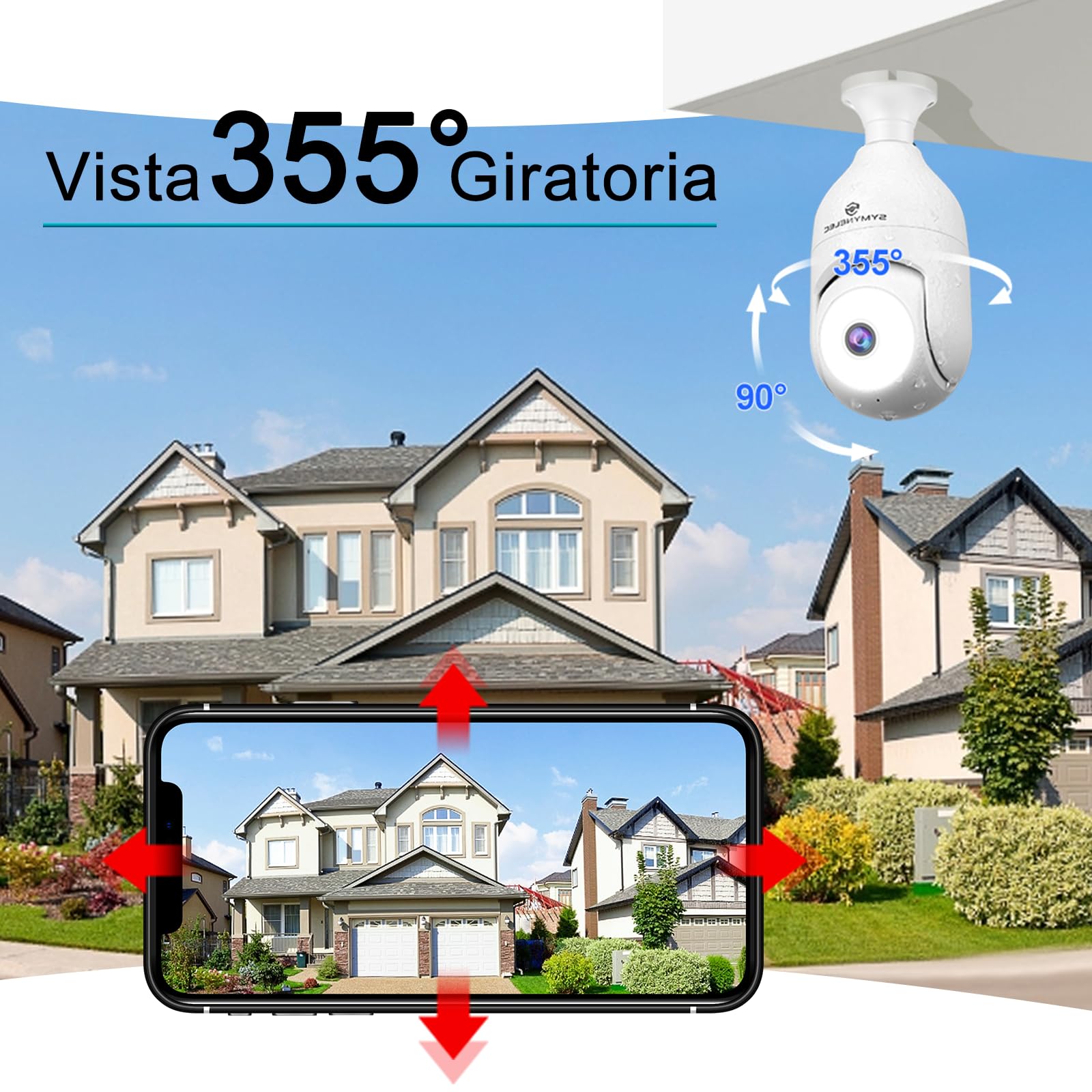 SYMYNELEC Camara de Bombilla Vigilancia WiFi Exterior 2K 4MP, Cámara de Seguridad 360°con Detección Humana AI, Seguimiento Automático, Visión Nocturna a Color, Audio Bidireccional, Alexa, IP65, 2PCS
