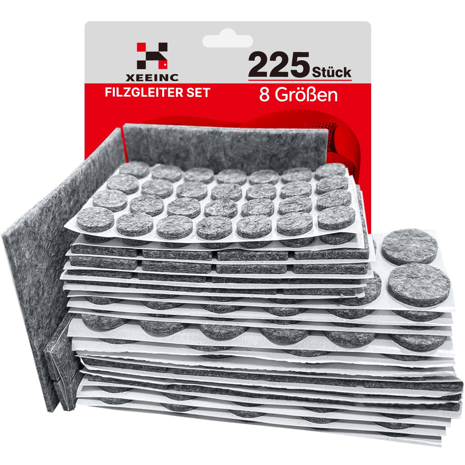 XEEINC Filzgleiter Selbstklebend 225 Stück | Ideal für Stühle | 3mm Dicke | 8 Größen | Möbelgleiter für Stühle - Grau
